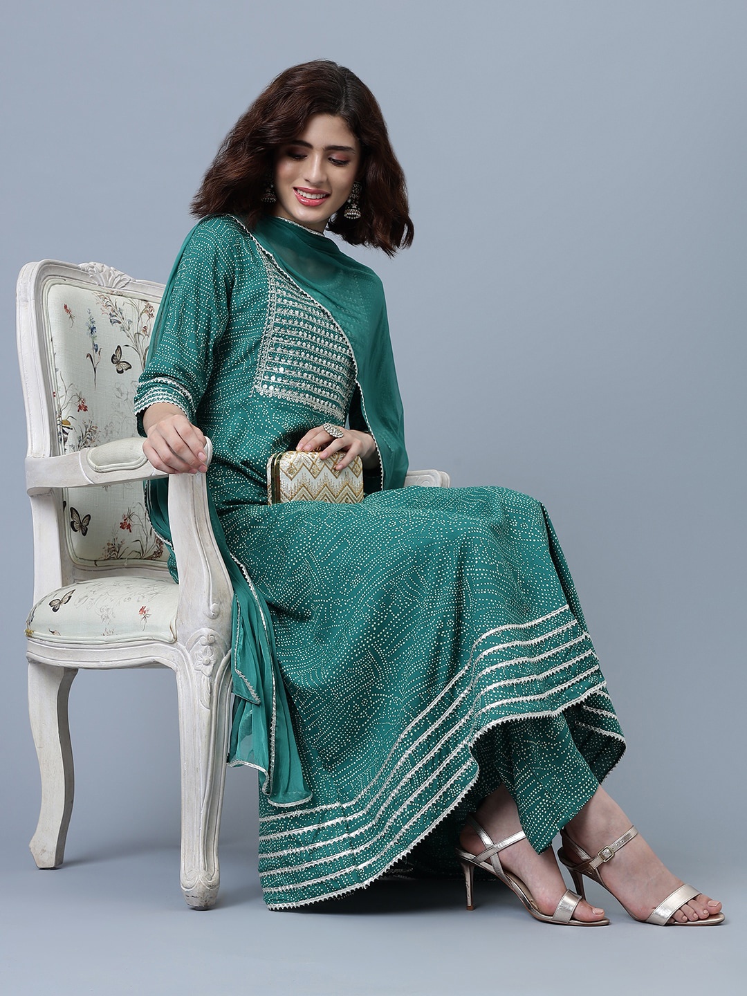 

Khushal K Floral Printed Kurta With Trousers & Dupatta, Green