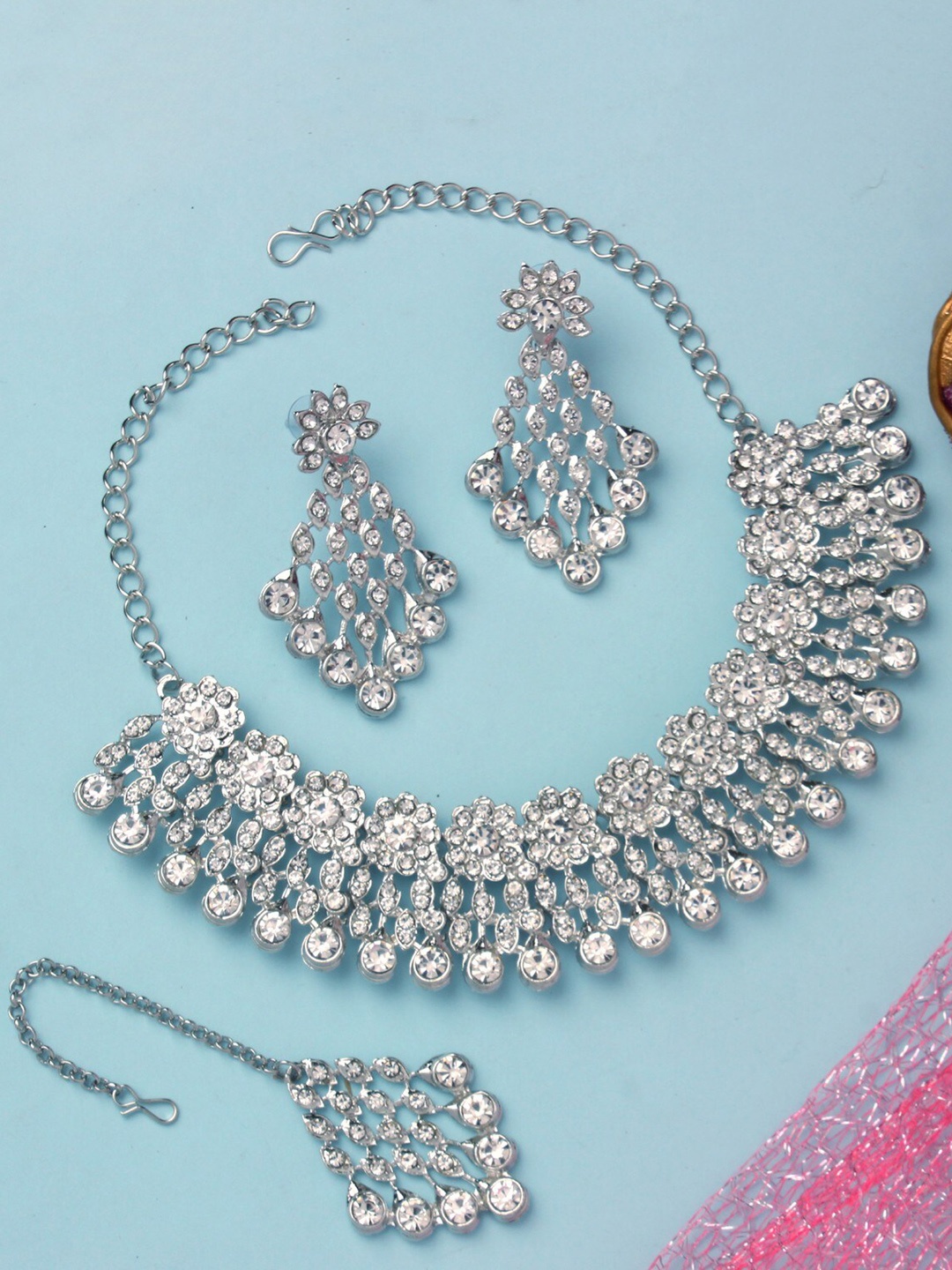 

Atasi International Rhodium-Plated Crystals-Studded Necklace With Earrings & Maang Tika, Silver