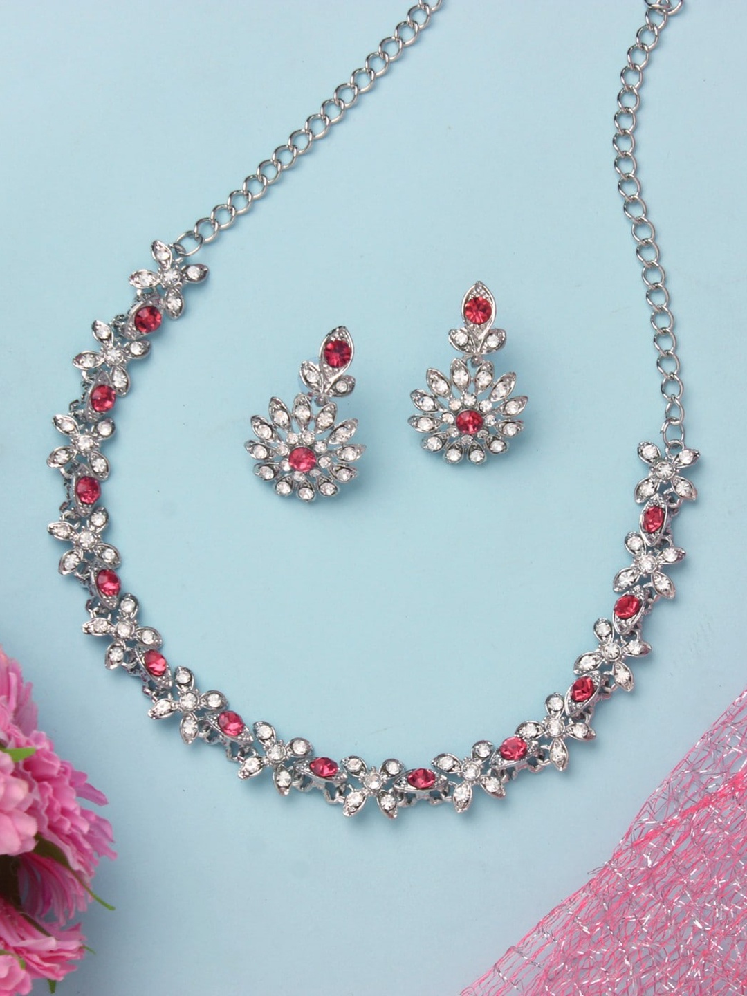 

Atasi International Rhodium-Plated Crystals-Studded Necklace With Earrings, Silver
