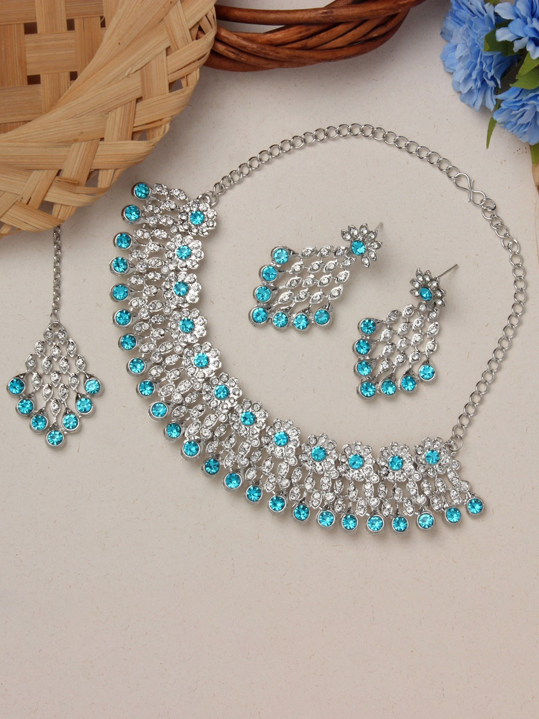 

Atasi International Rhodium-Plated Crystals-Studded Necklace With Earrings & Maang Tika, Silver