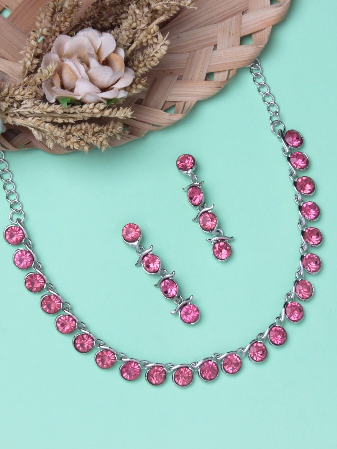 

Atasi International Silver-Plated Crystals-Studded Necklace With Earrings