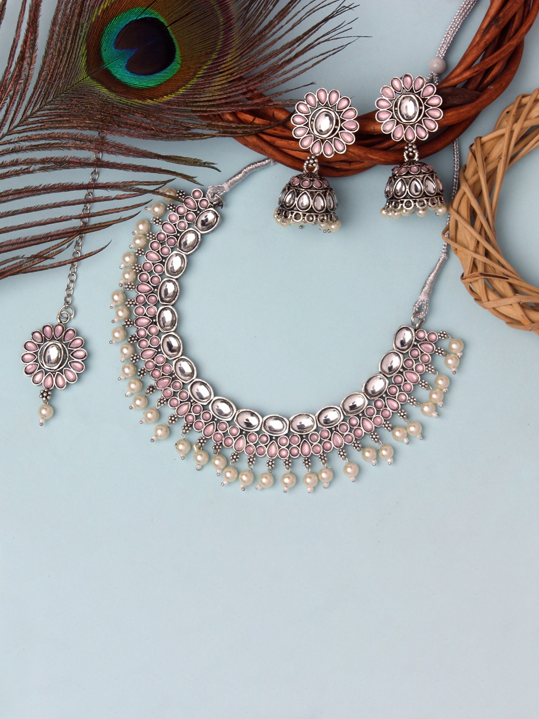 

Atasi International Silver-Plated Crystals Studded Necklace With Earrings & Maang Tika