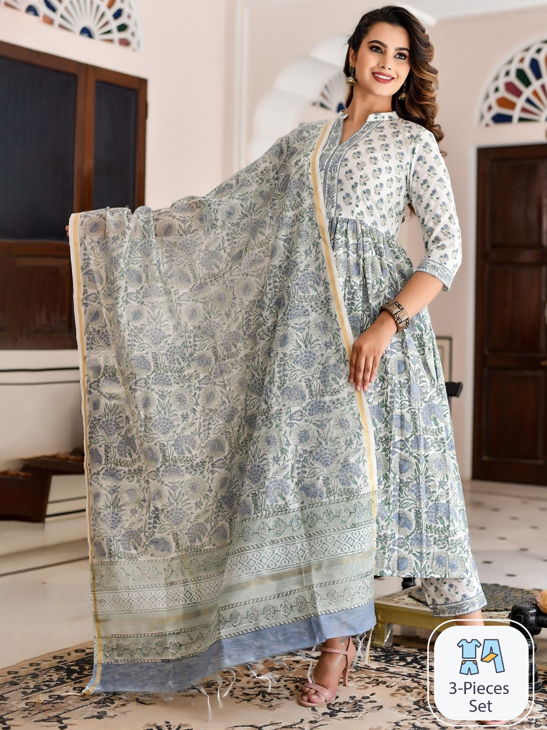 

Mialo fashion Floral Printed Pure Cotton Pleated Thread Work Kurta With Trousers & Dupatta, White