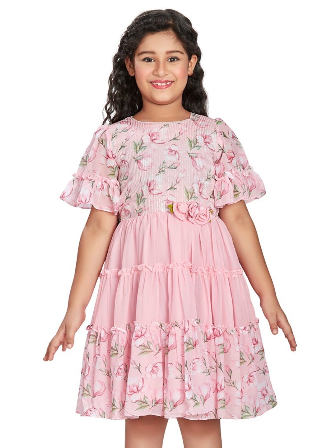 

Peppermint Floral Printed Flared Sleeve Fit & Flare Dress, Pink