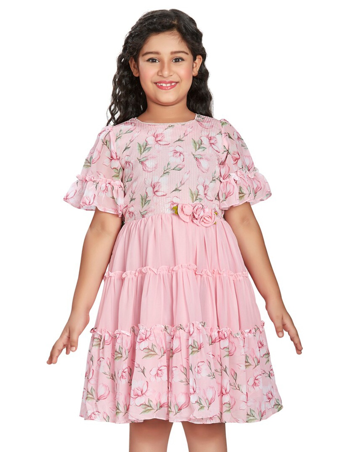 

Peppermint Girls Floral Printed Bell Sleeve Fit & Flare Dress, Pink