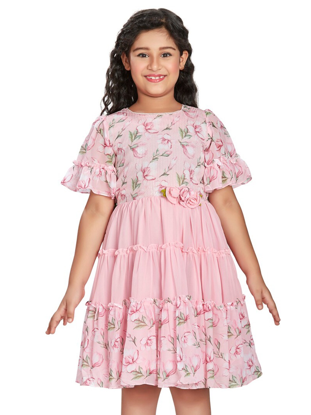

Peppermint Girls Floral Printed Bell Sleeve Fit & Flare Dress, Pink