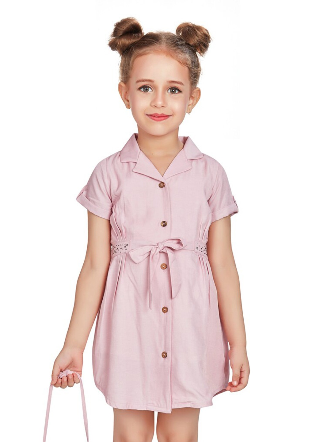 

Peppermint Girls Roll-Up Sleeves Shirt Styled Dress, Pink