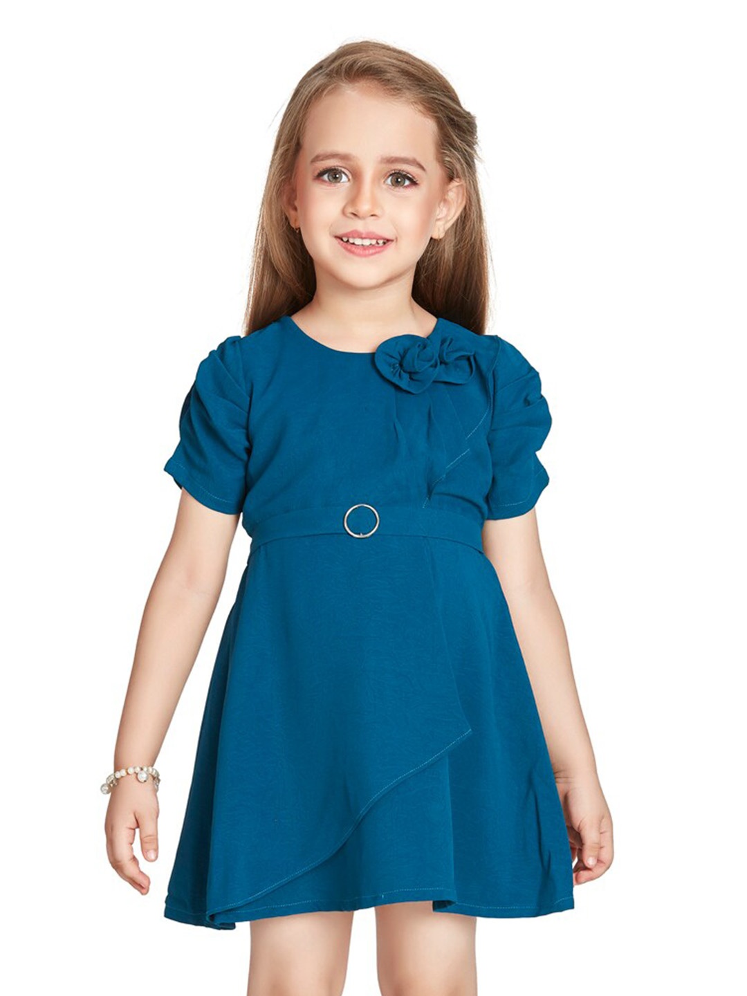 

Peppermint Girls Self Designed Puff Sleeves Bow Detailed Fit & Flare Dress, Teal