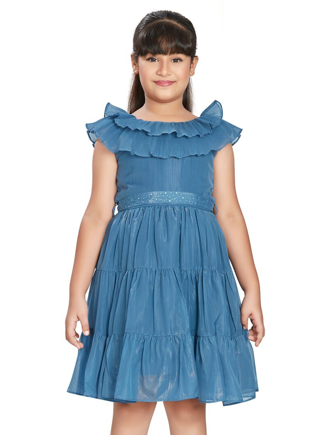 

Peppermint Girls Round Neck Ruffles Tiered Fit & Flare Dress, Teal