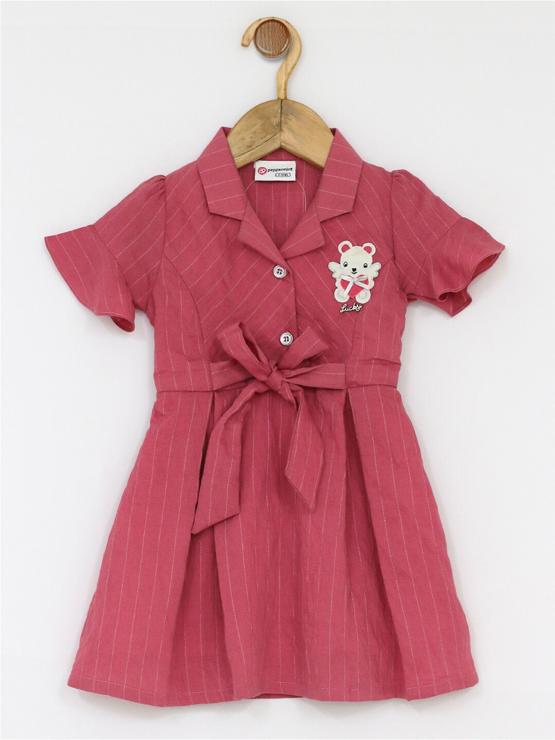 

Peppermint Girls Striped Belt Detailed Shirt Collar Puff Sleeves Cotton A-Line Dress, Peach