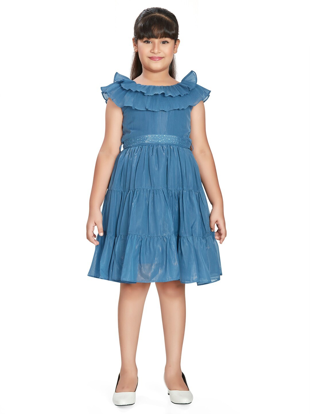 

Peppermint Flutter Sleeve Tiered Fit & Flare Dress, Teal