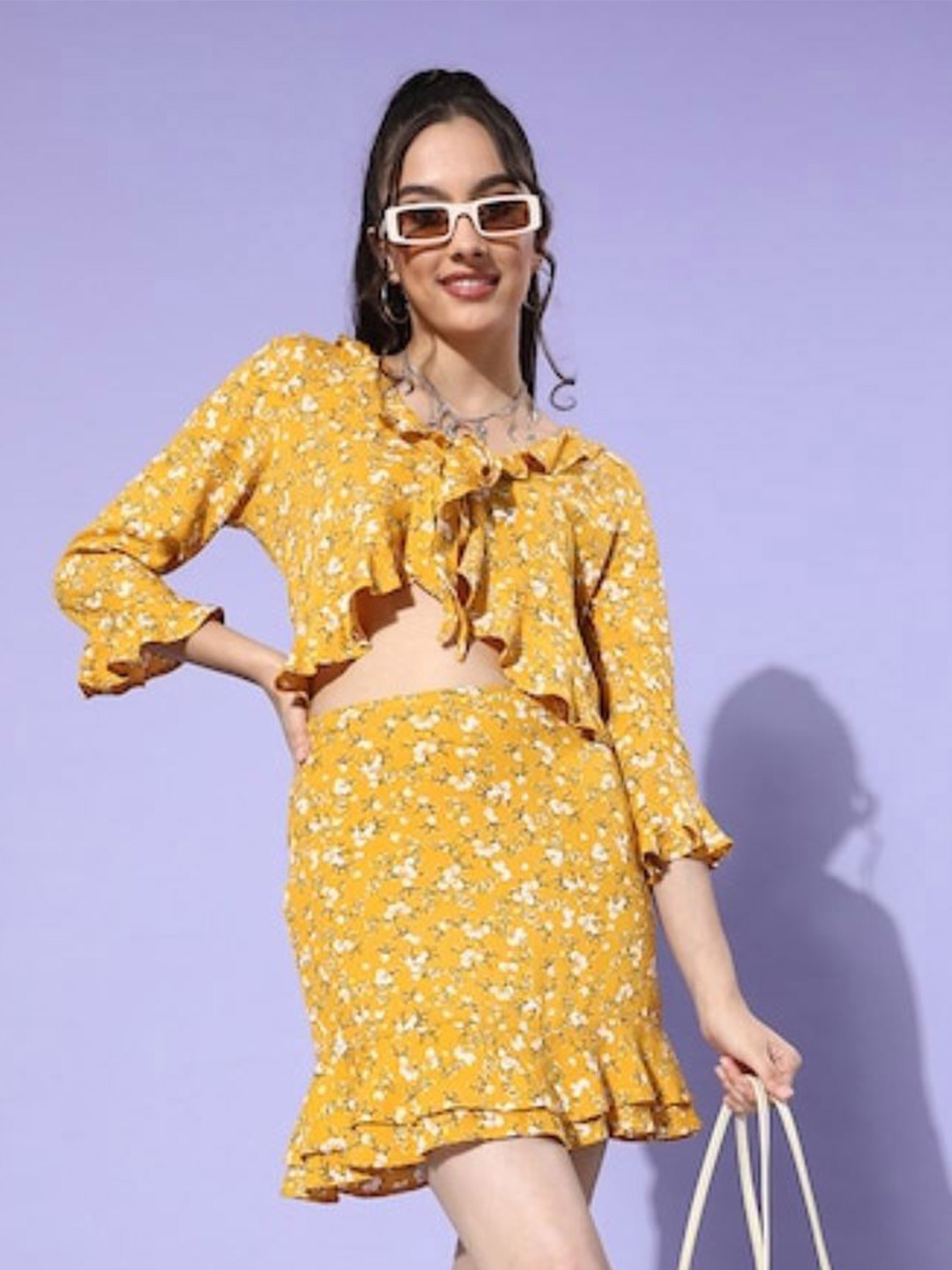 

Sera Yellow Floral Printed V-Neck Top With Skirt