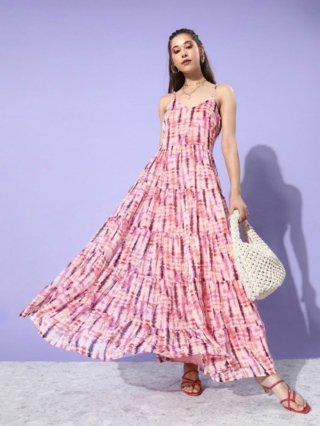 

Sera Pink Abstract Dyed Gathered Detail Fit & Flare Dress