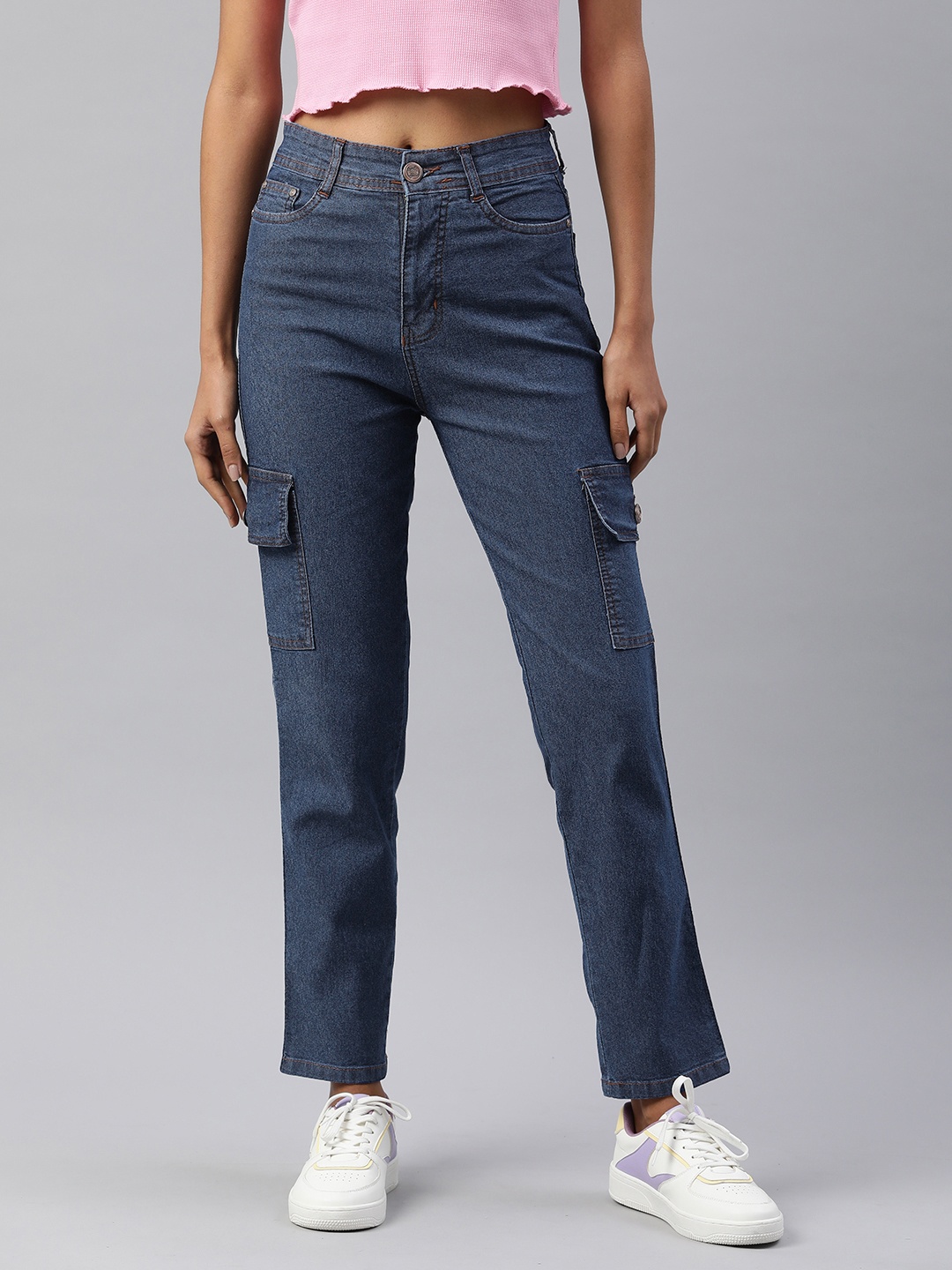 

ADBUCKS Straight Fit High-Rise Stretchable Cargo Jeans, Navy blue
