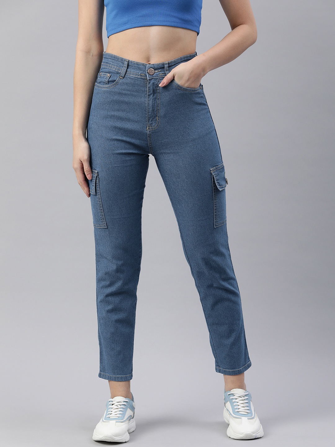 

ADBUCKS Straight Fit High-Rise Stretchable Cropped Cargo Jeans, Blue