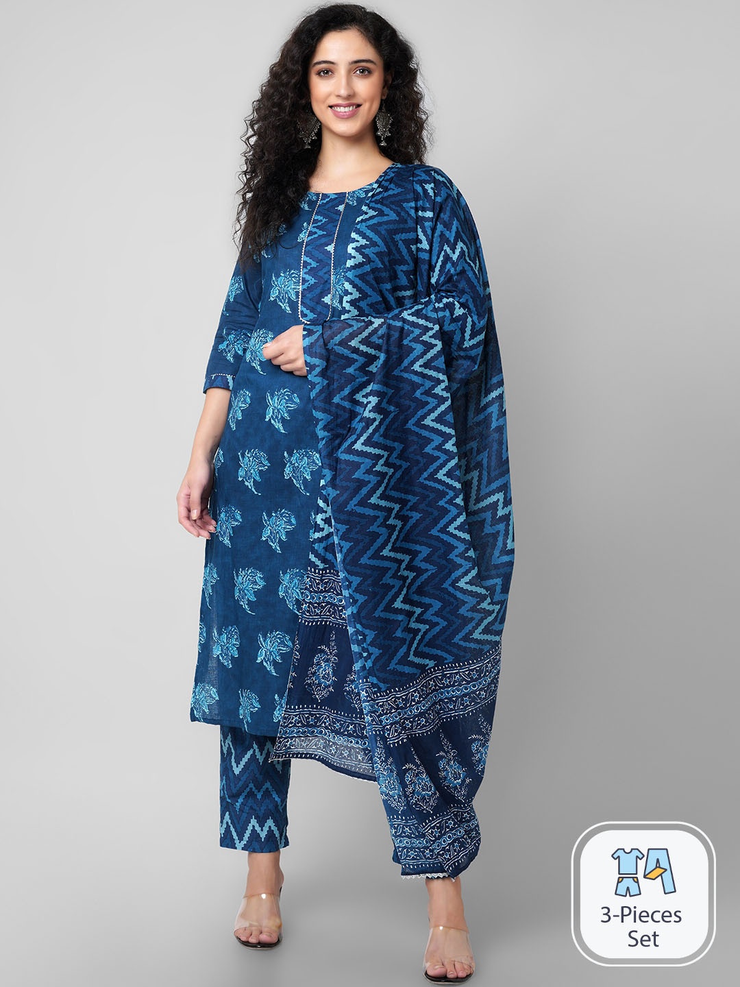 

Arayna Floral Printed Pure Cotton Straight Kurta With Trousers & Dupatta, Navy blue