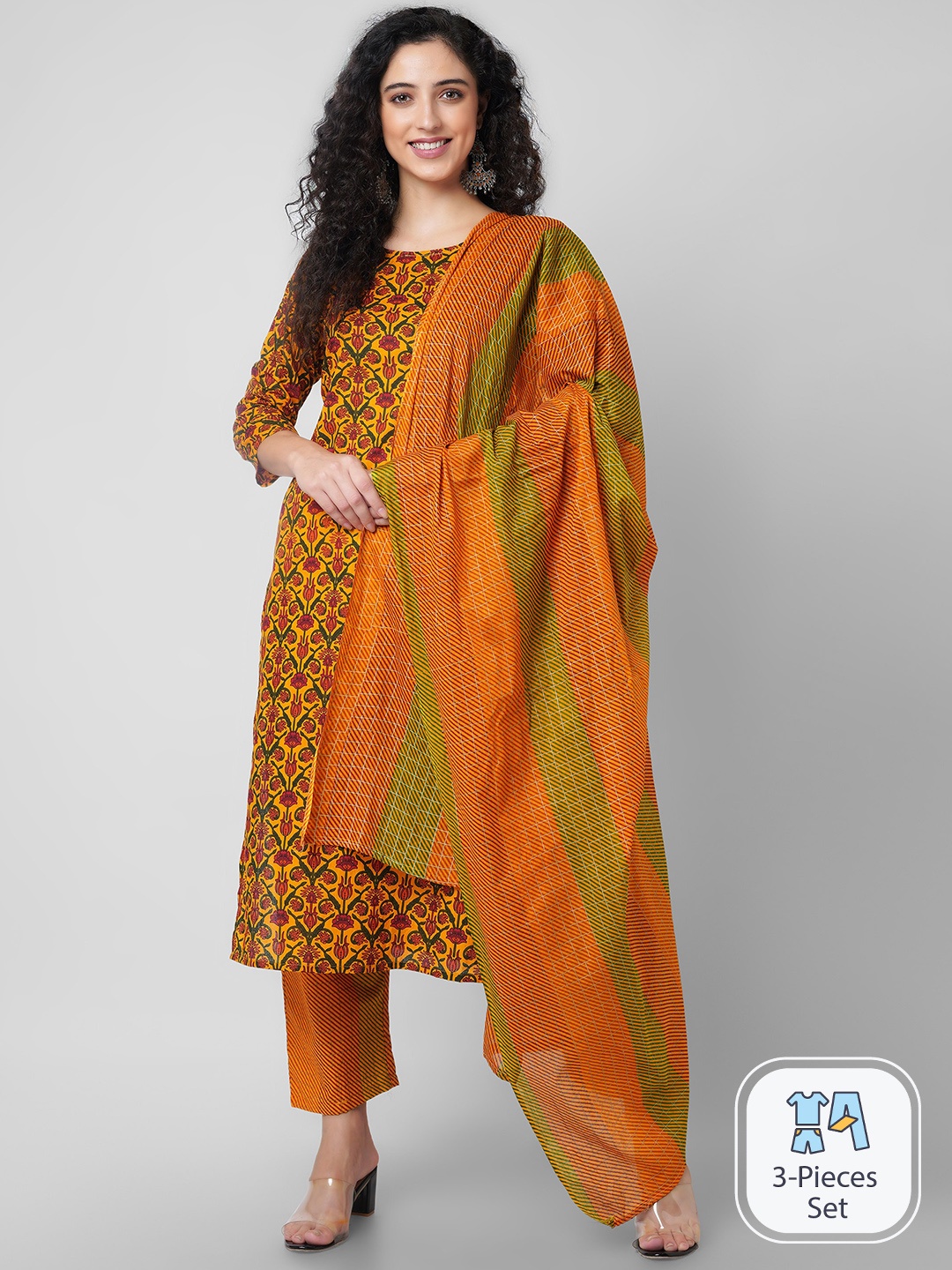 

Arayna Floral Printed Kurta with Trousers & With Dupatta, Mustard