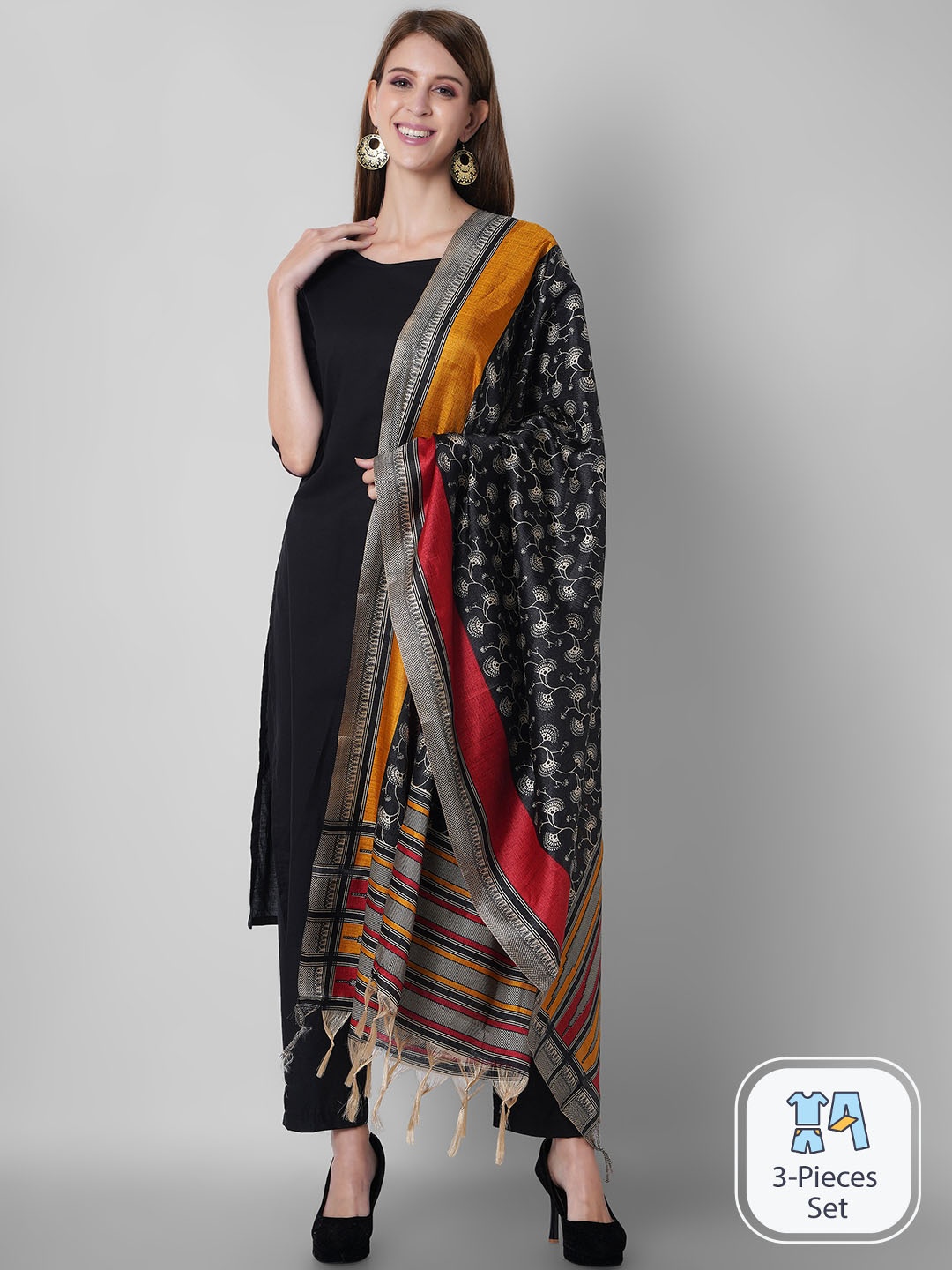 

Arayna Pure Cotton Straight Kurta With Trousers & Printed Dupatta, Navy blue
