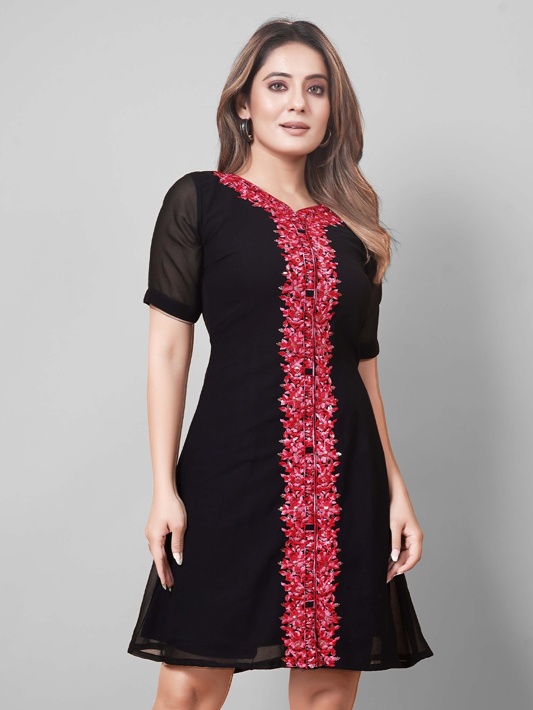 

PRASTHAN Floral Embroidered V-Neck Georgette A-Line Dress, Black