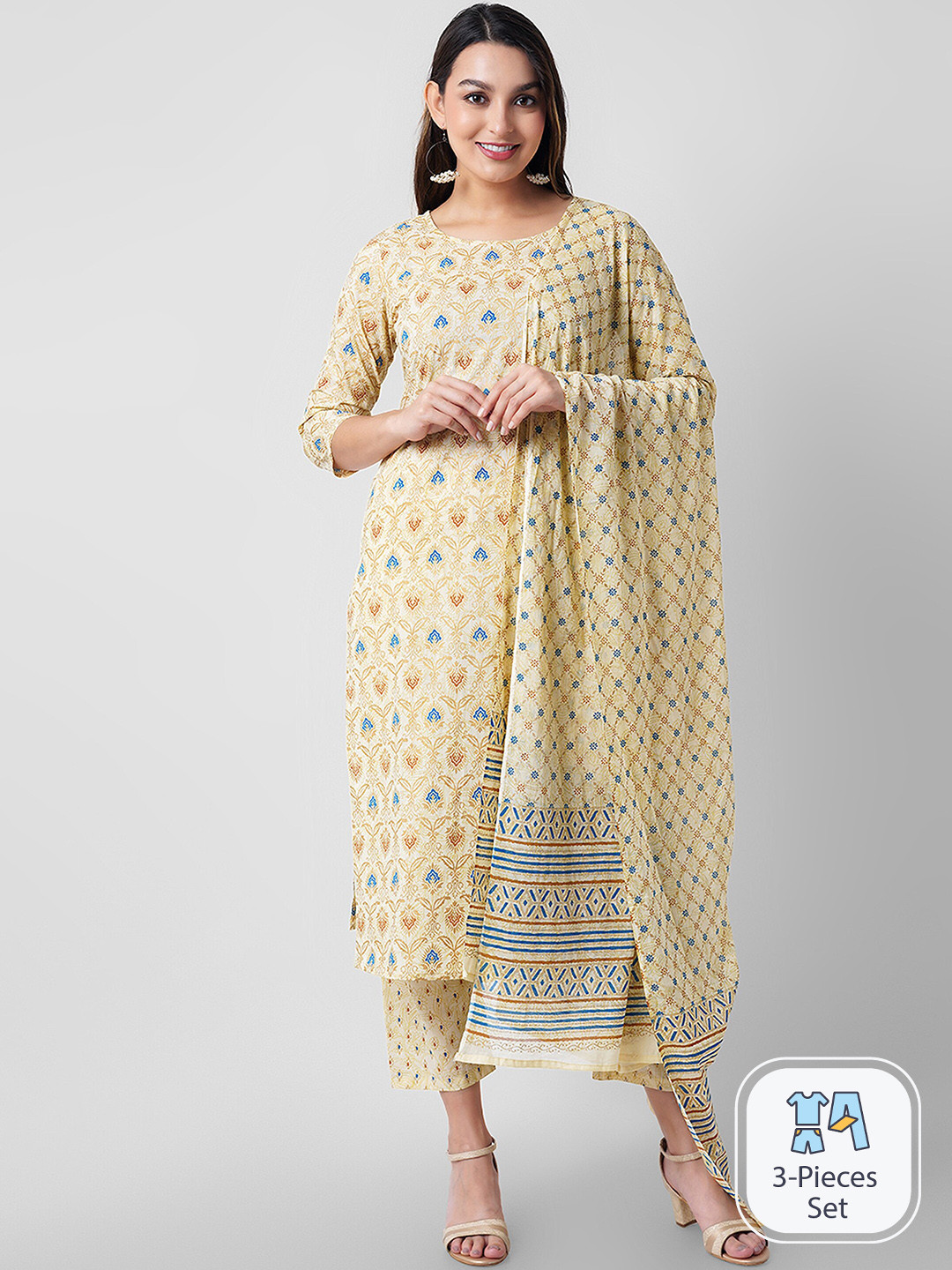

Arayna Ethnic Motifs Printed Pure Cotton Straight Kurta With Trousers & Dupatta, Beige