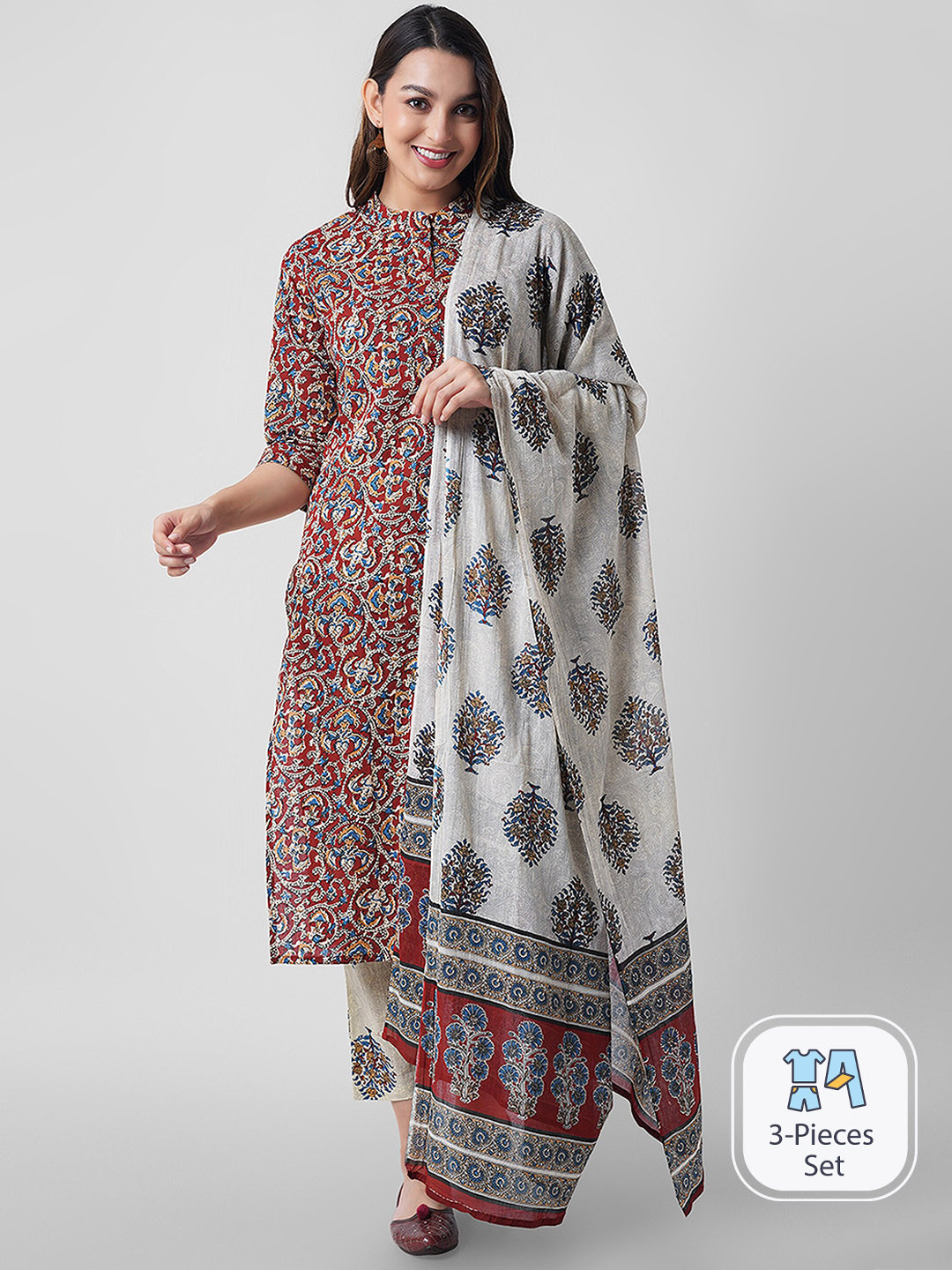 

Arayna Floral Printed Regular Pure Cotton Kurta with Trousers & With Dupatta, Maroon