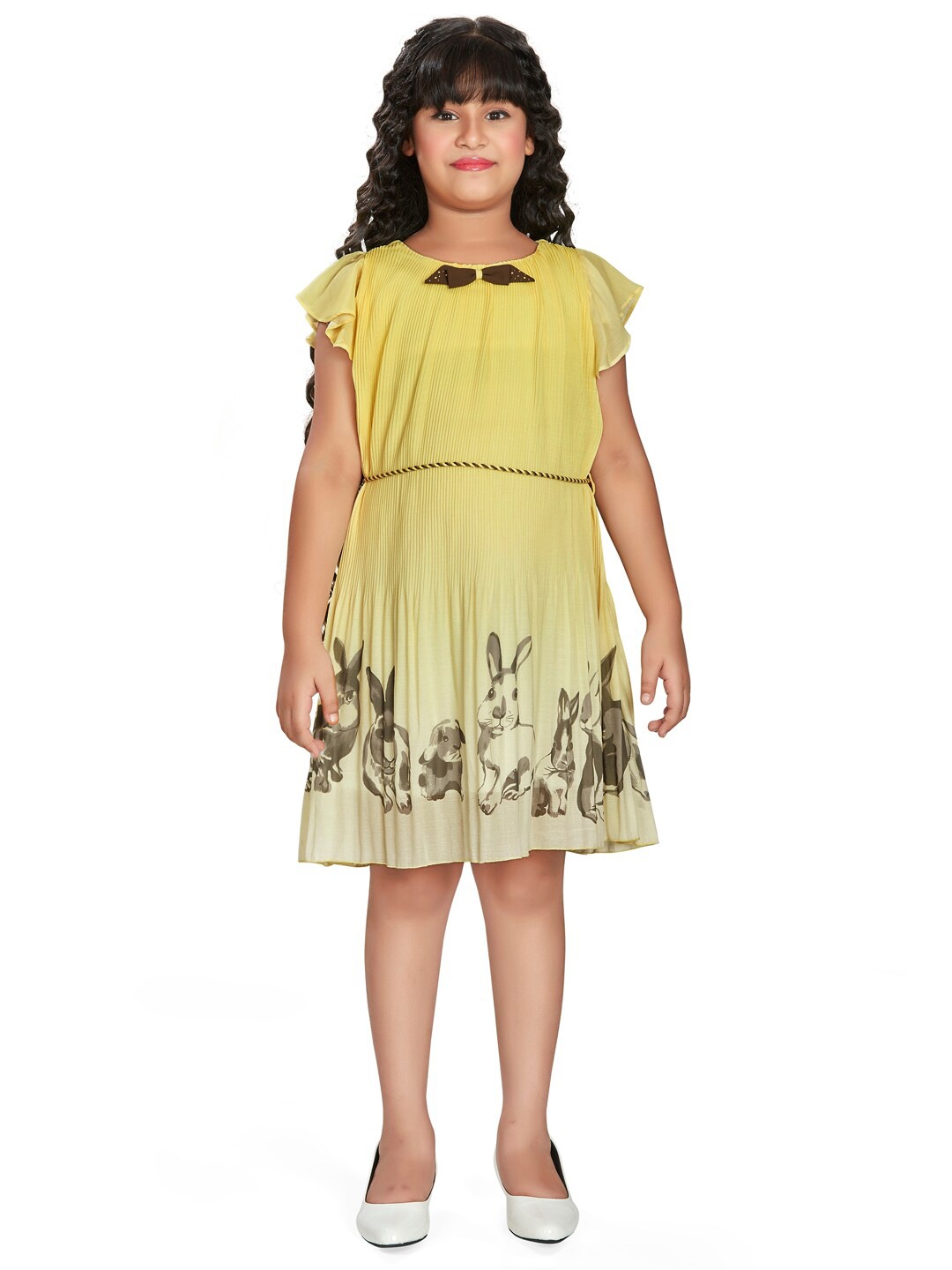 

Peppermint Round Neck Conversational Printed Flutter Sleeve Crepe A-Line Dress, Yellow