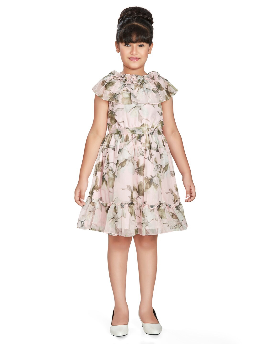 

Peppermint Round Neck Floral Printed Ruffles Flounce Hemline Fit & Flare Dress, Peach