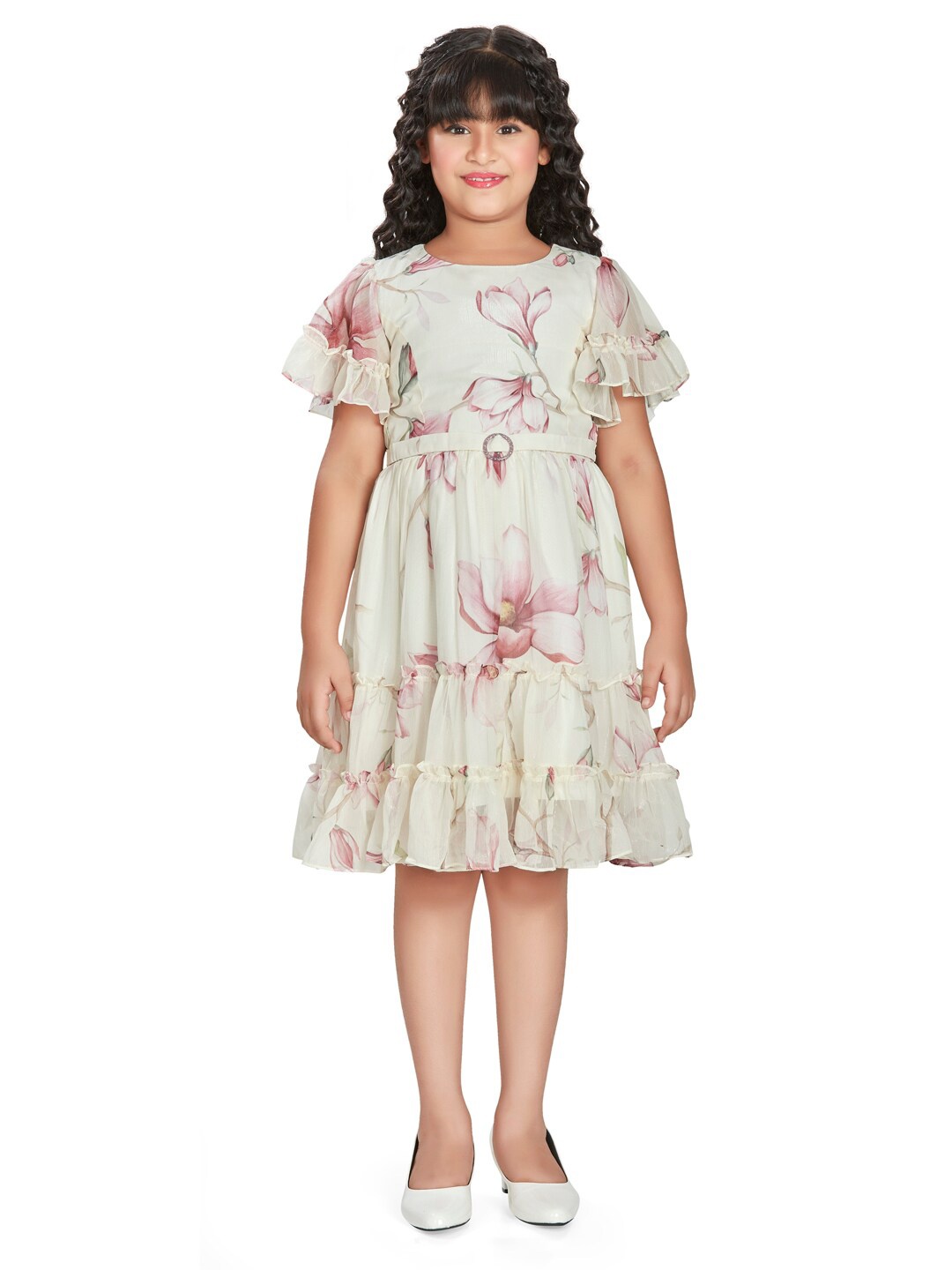 

Peppermint Girl Round Neck Floral Printed Flared Semi Sheer Sleeve Fit & Flare Dress, Cream