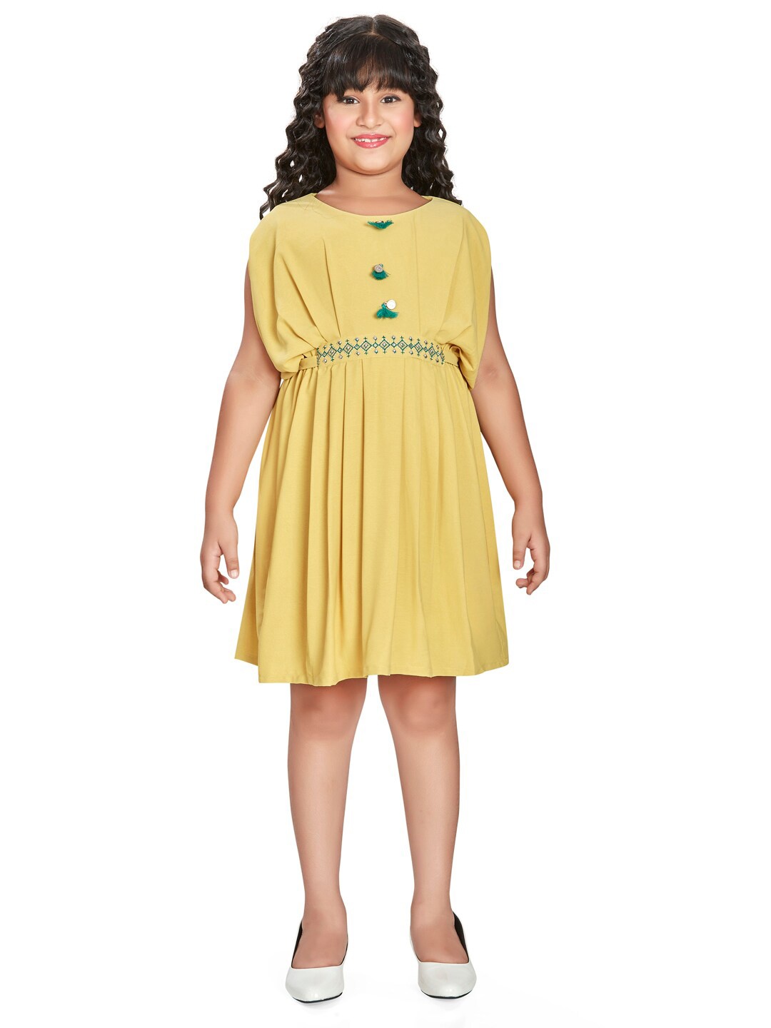 

Peppermint Girls Ethnic Motifs embroidered Extended Sleeves Fit & Flare Dress, Yellow