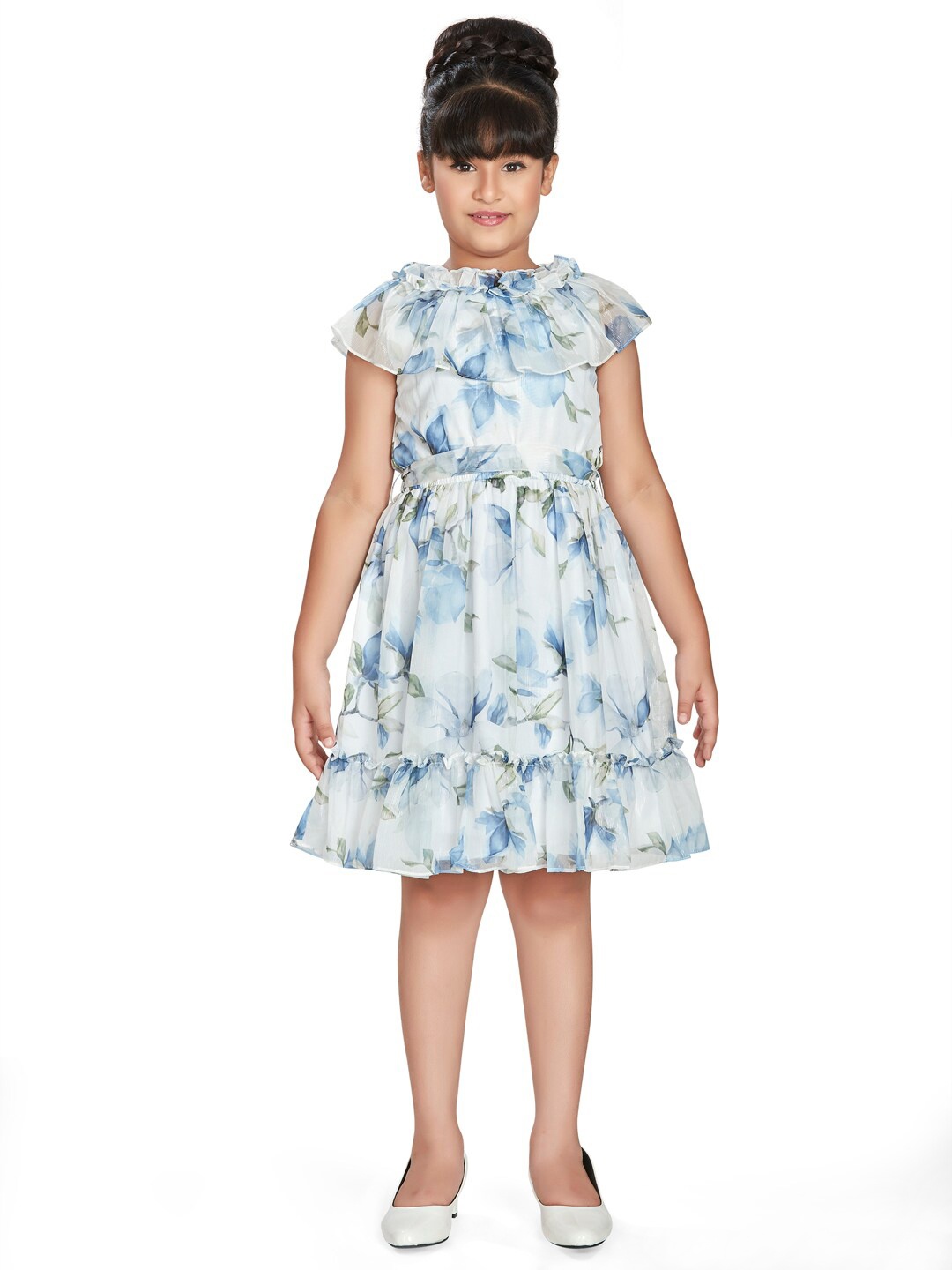 

Peppermint Girls Floral Printed Cap Sleeves Fit & Flare Dress, Blue