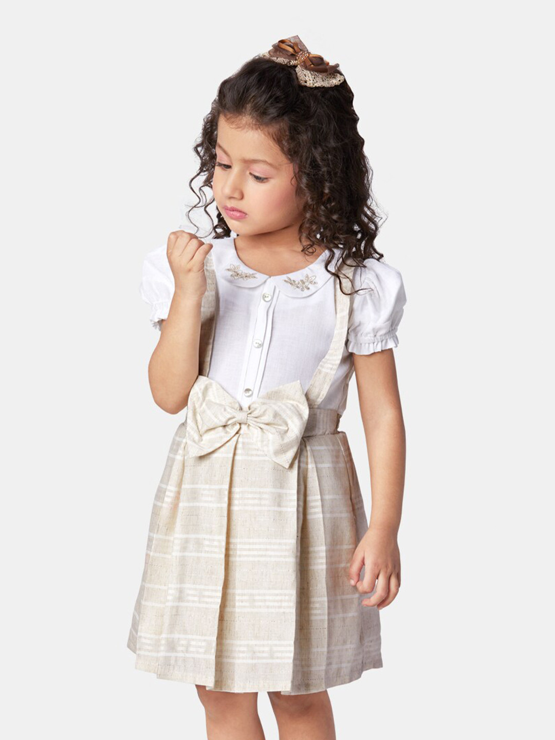 

Peppermint Striped Embroidered Puff Sleeves Satin Fit & Flare Dress, Beige