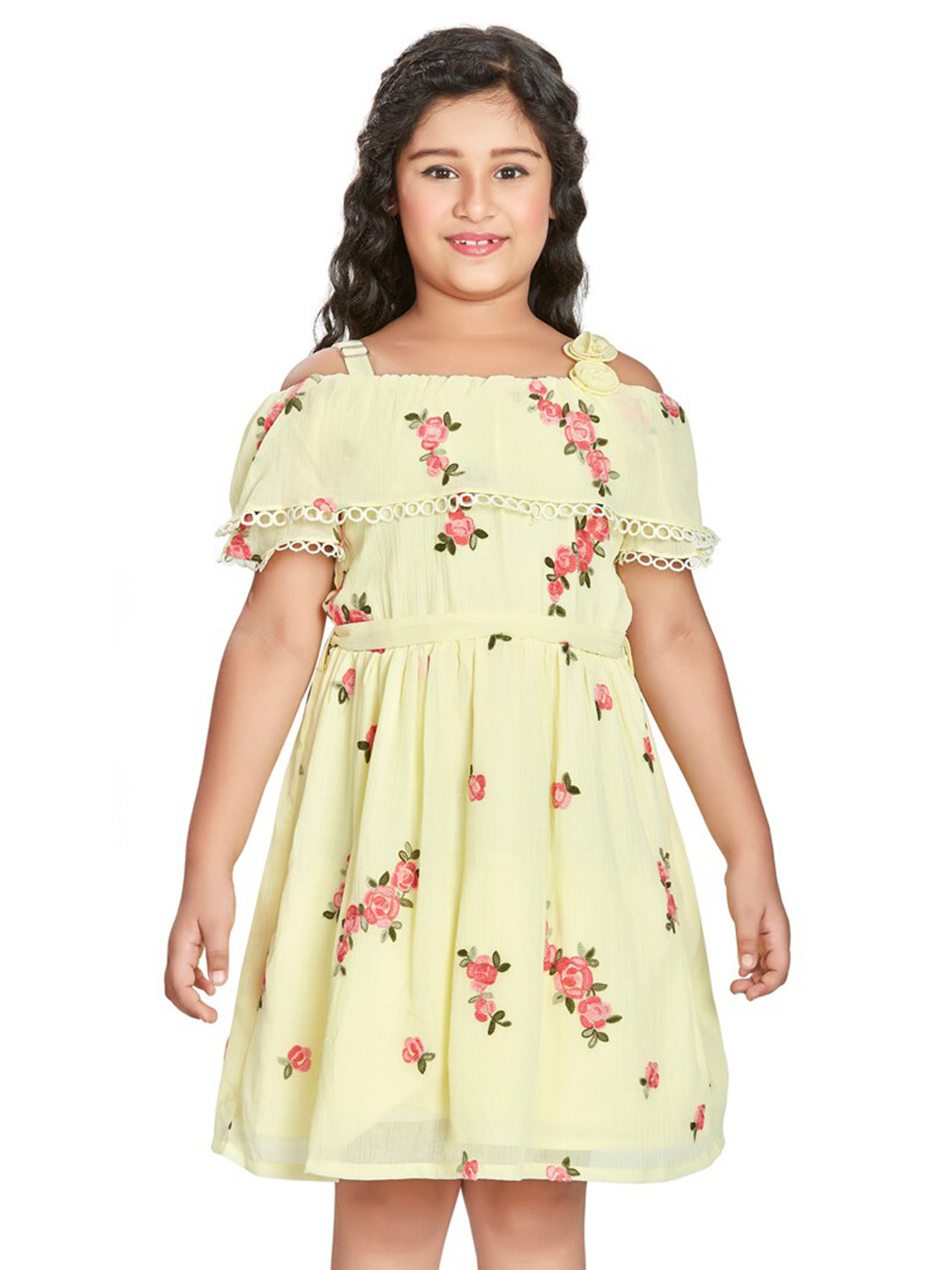 

Peppermint Girls Floral Printed Cold-Shoulder Fit & Flare Dress, Yellow