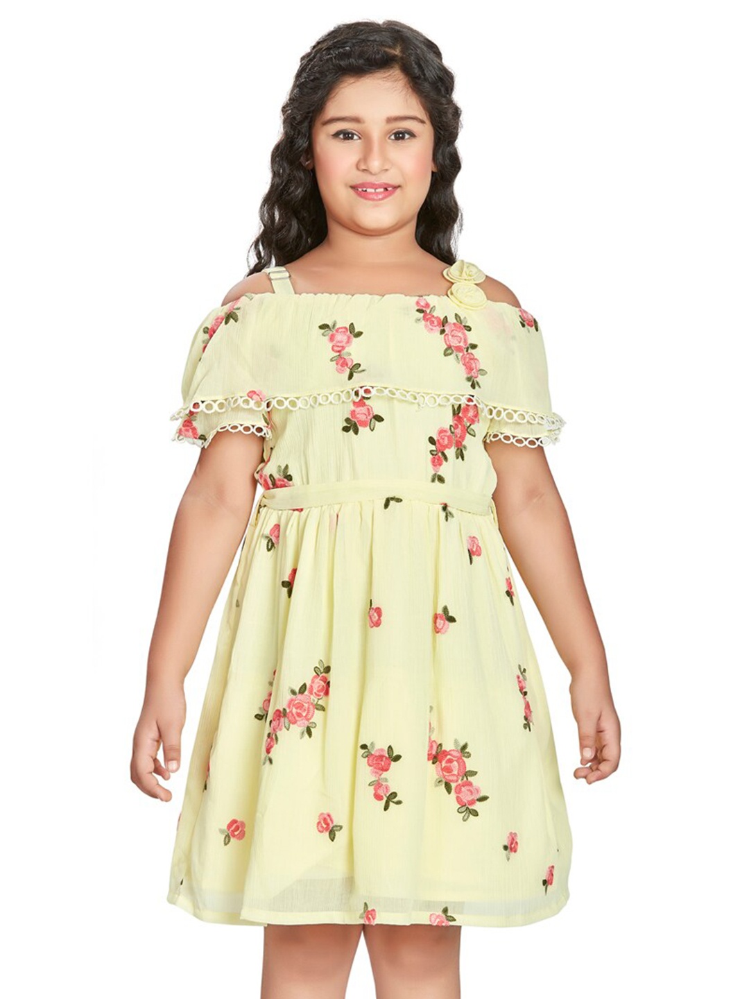 

Peppermint Girls Floral Embroidered Cold-Shoulder Gathered Fit & Flare Dress, Yellow