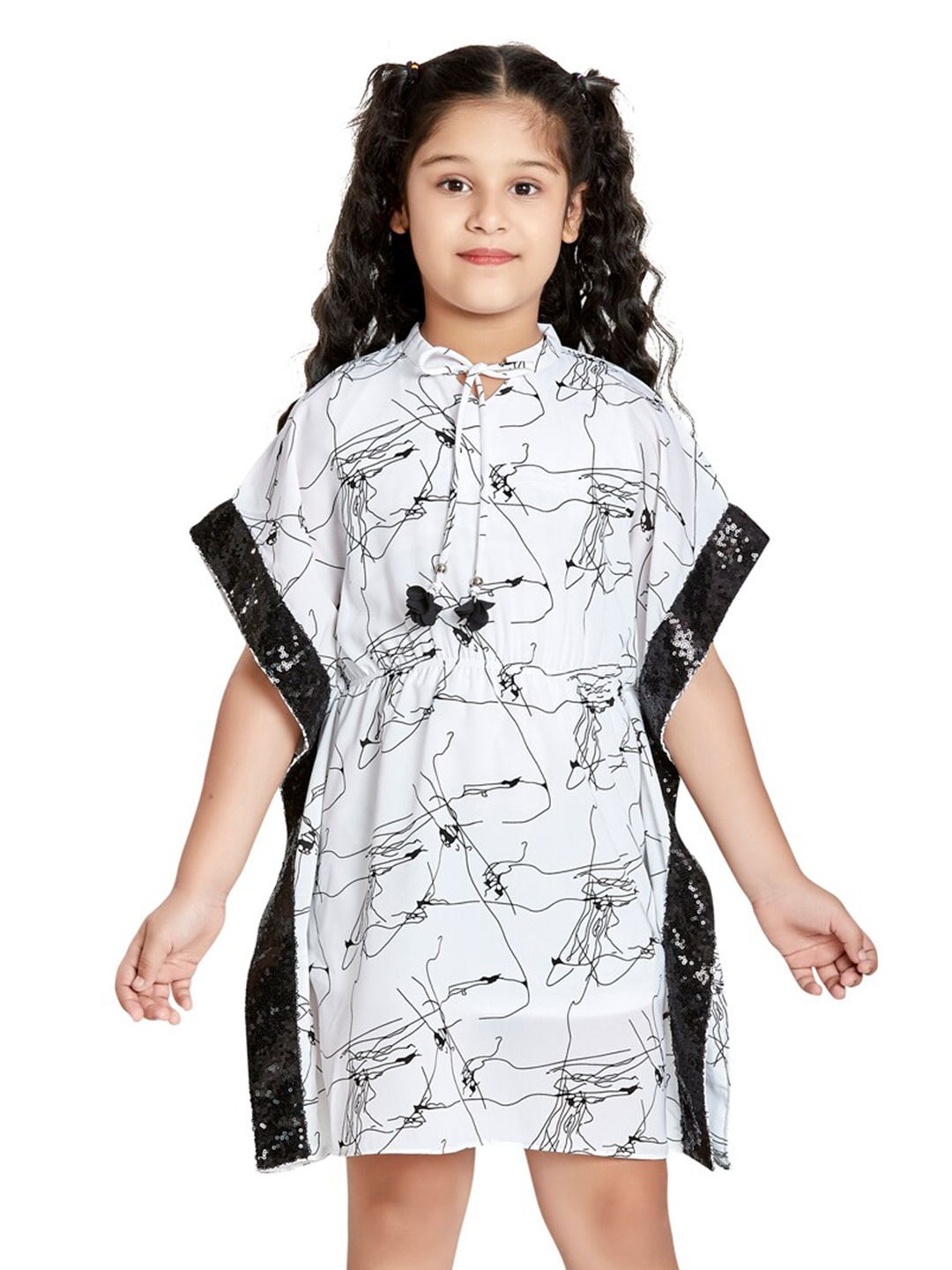 

Peppermint Girls Abstract Printed Tie-Up Neck Embellished Kaftan Dress, White