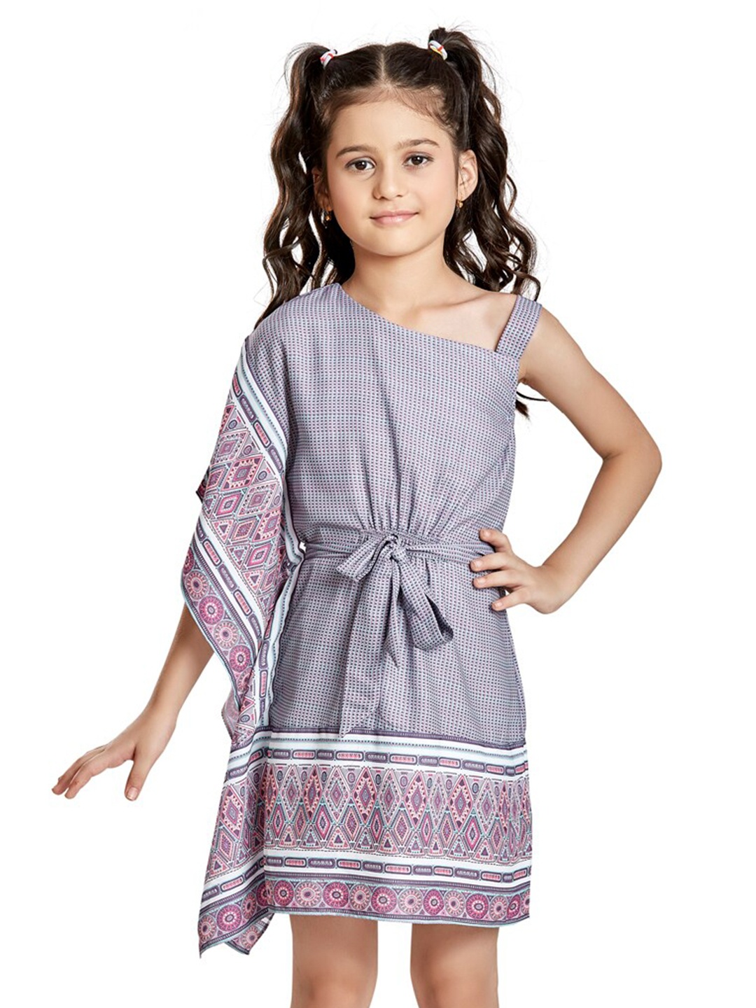 

Peppermint Girls Geometric Printed One Shoulder Belted Fit & Flare Dress, Purple