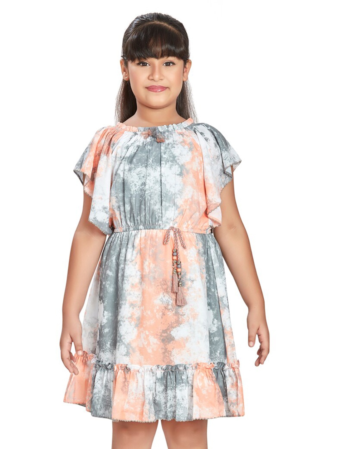

Peppermint Abstract Printed Flutter Sleeve Fit & Flare Dress, Orange