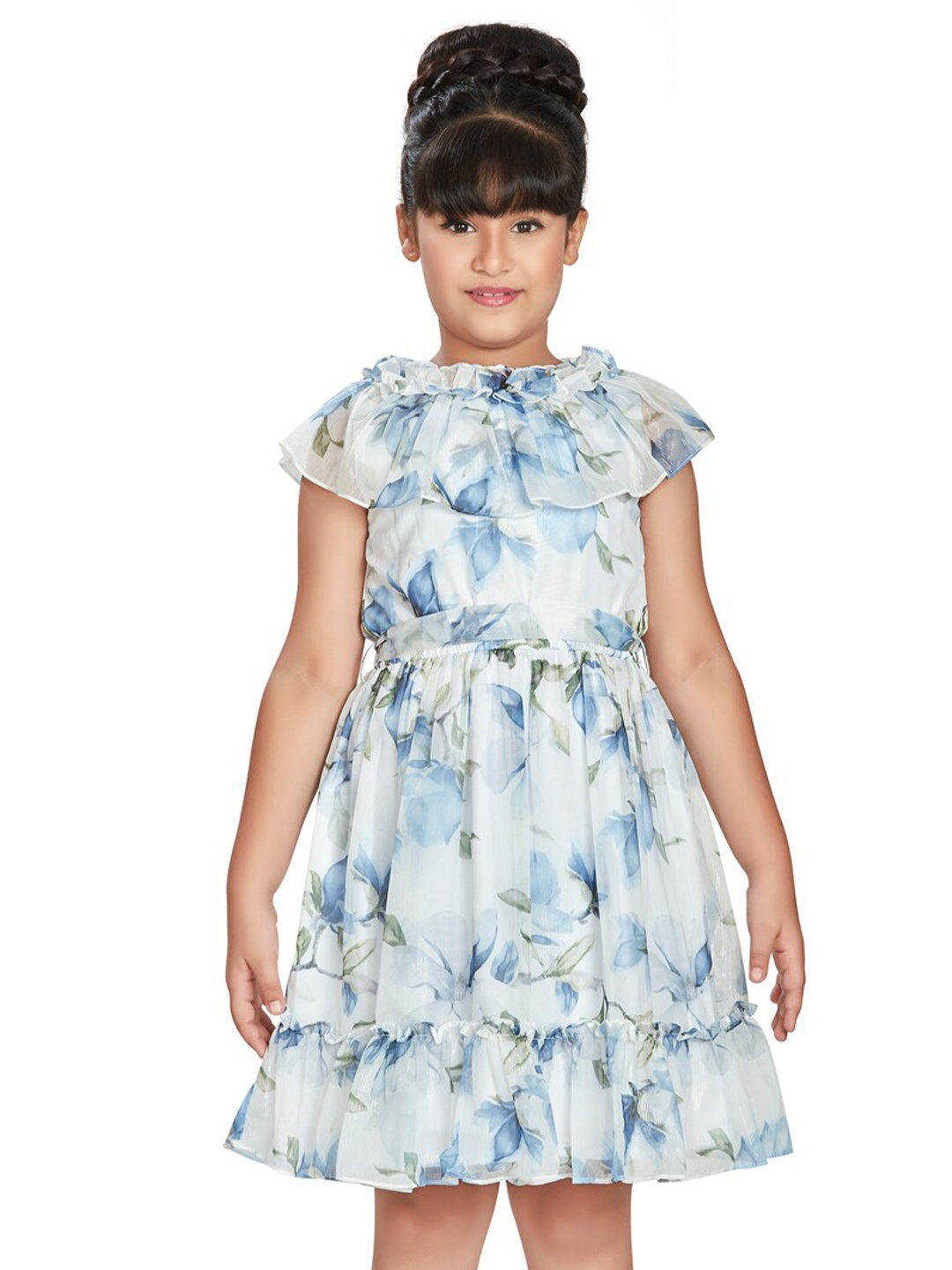 

Peppermint Floral Printed Flutter Sleeve Fit & Flare Dress, Blue