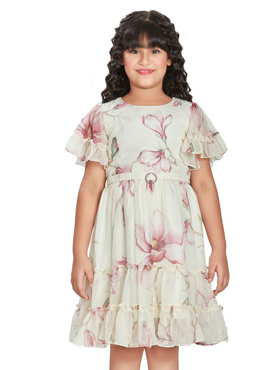 

Peppermint Floral Printed Flared Sleeve Fit & Flare Dress, Cream
