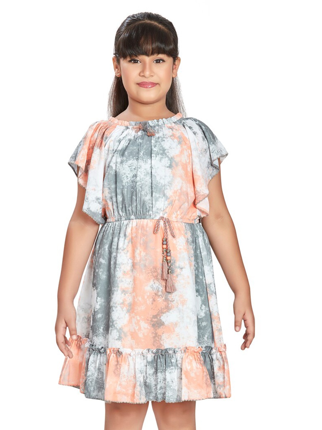 

Peppermint Abstract Printed Flutter Sleeve Fit & Flare Dress, Orange