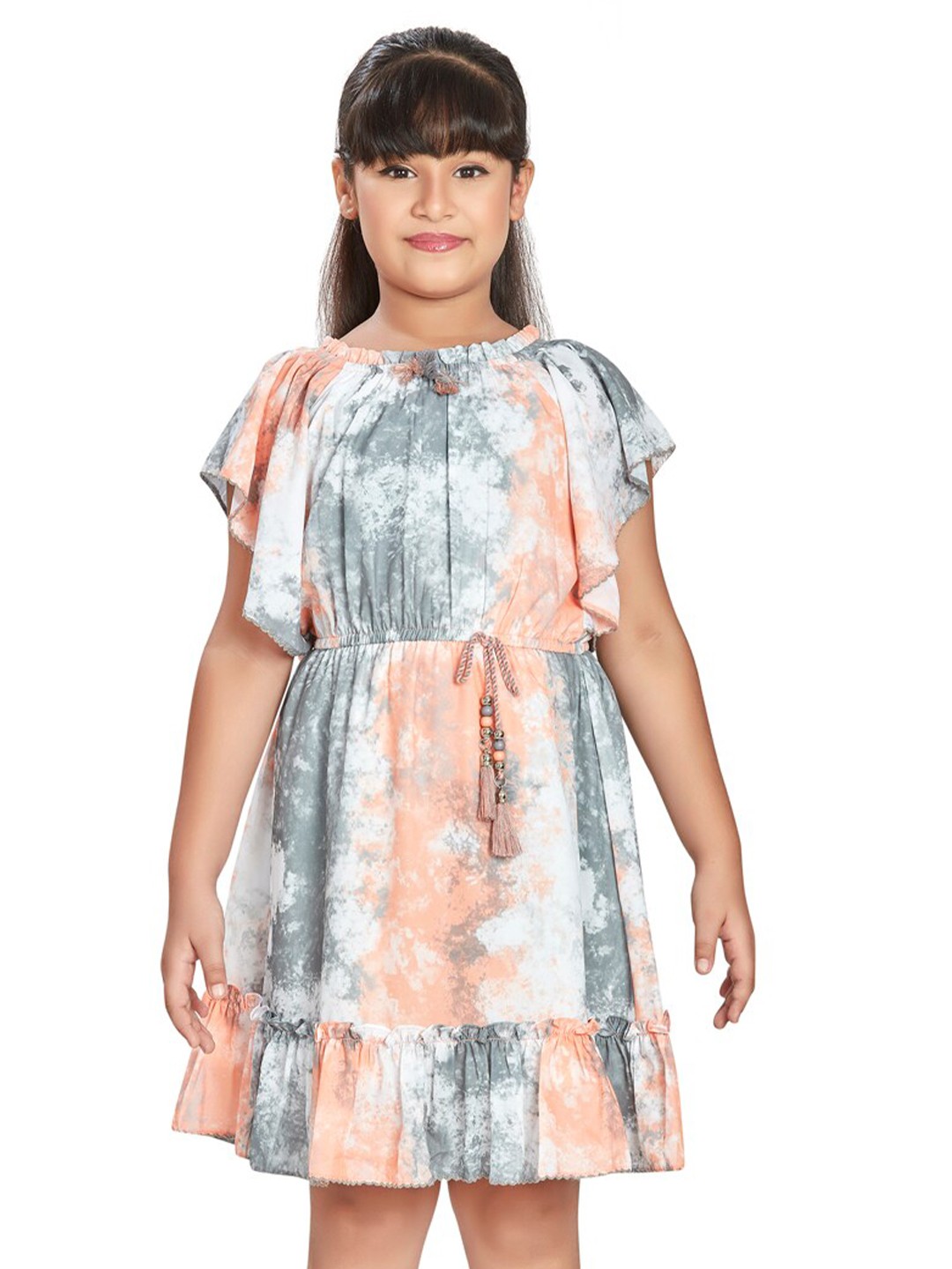 

Peppermint Abstract Printed Flutter Sleeve Fit & Flare Dress, Orange