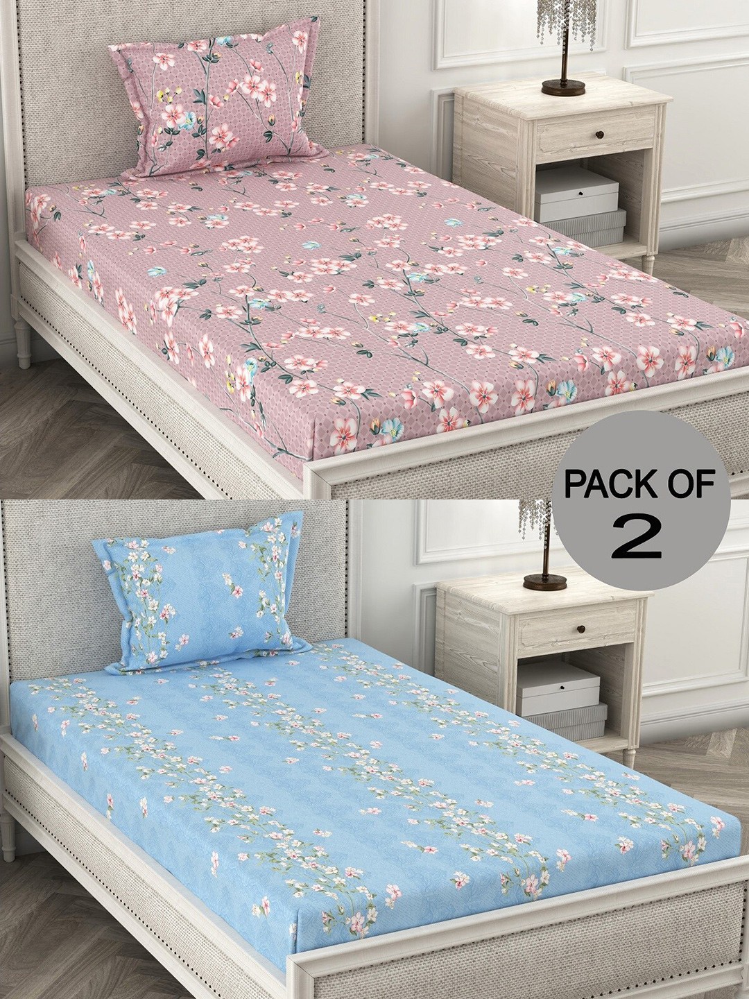 

CHHAVI INDIA Blue & Pink Floral 210 TC 2 Single Bedsheet & 4 Pillow Covers