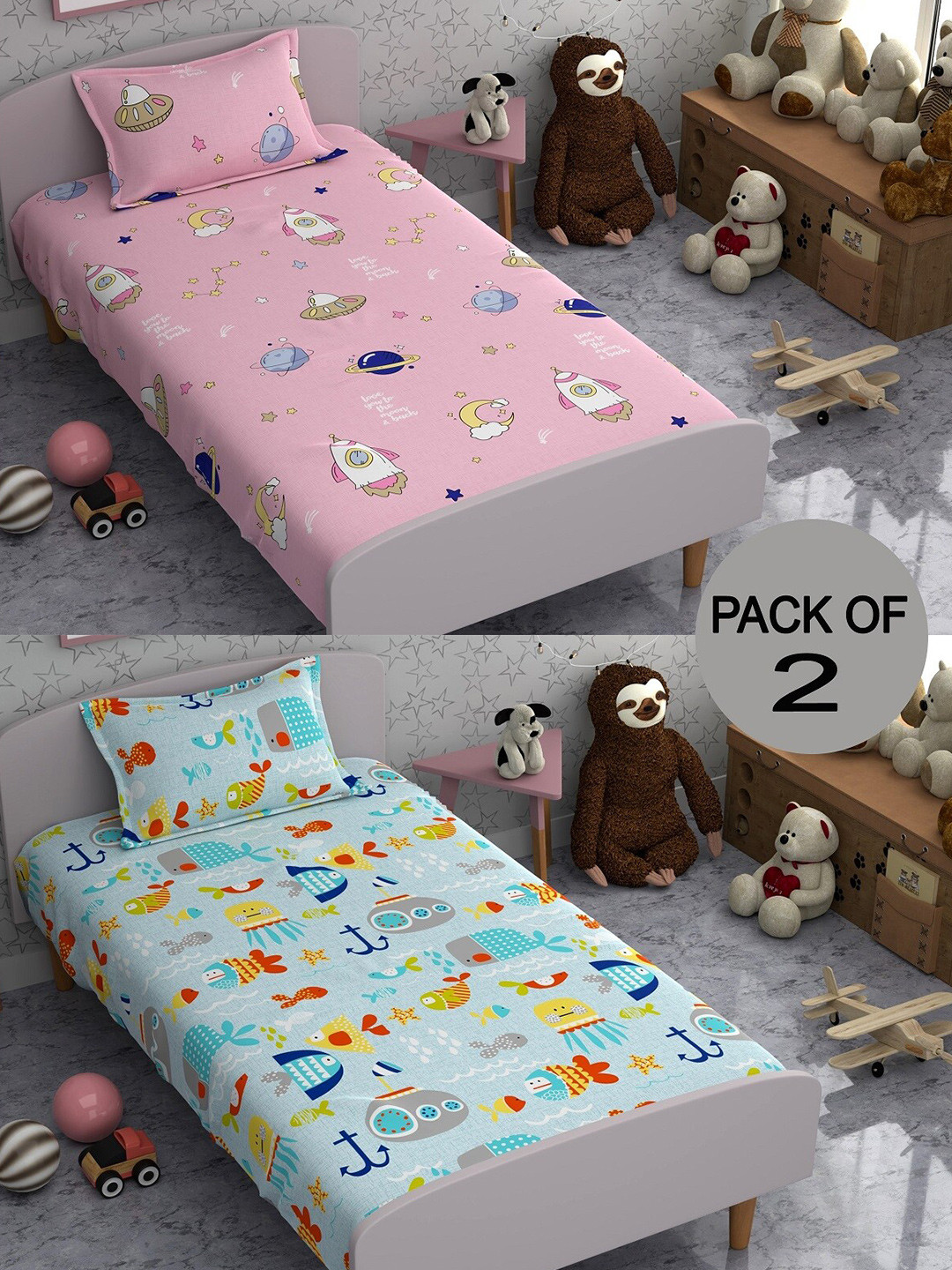 

CHHAVI INDIA Pink & Blue Graphic 210 TC 2 Single Bedsheet with 4 Pillow Covers