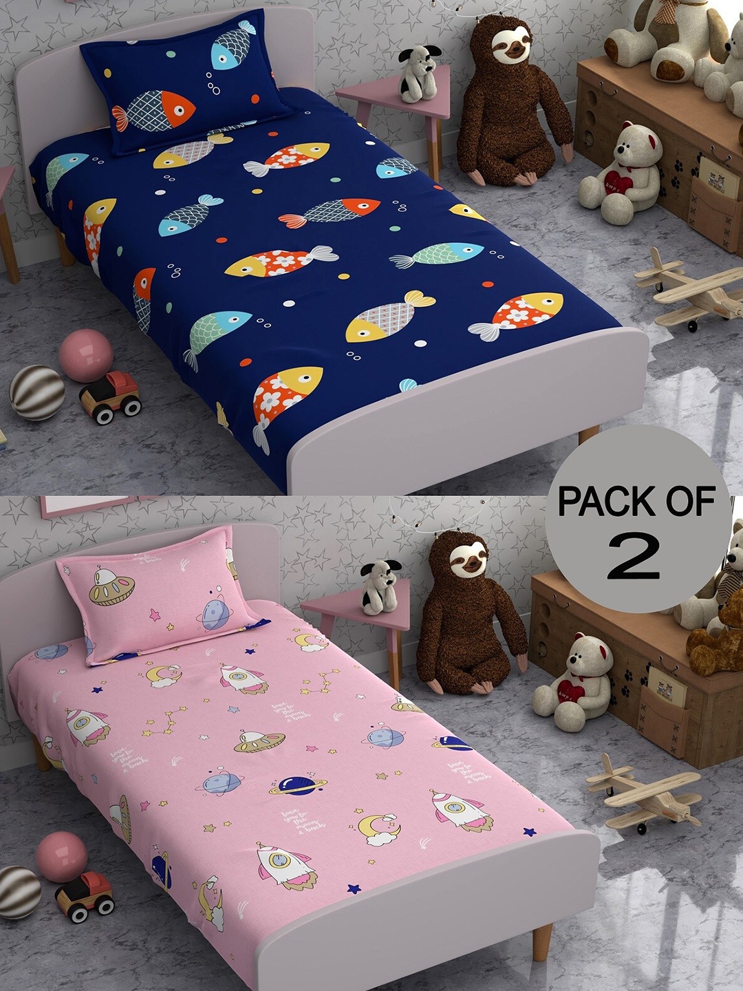 

CHHAVI INDIA Blue & Pink Graphic Polycotton 210 TC 2 Single Bedsheet With 4 Pillow Covers