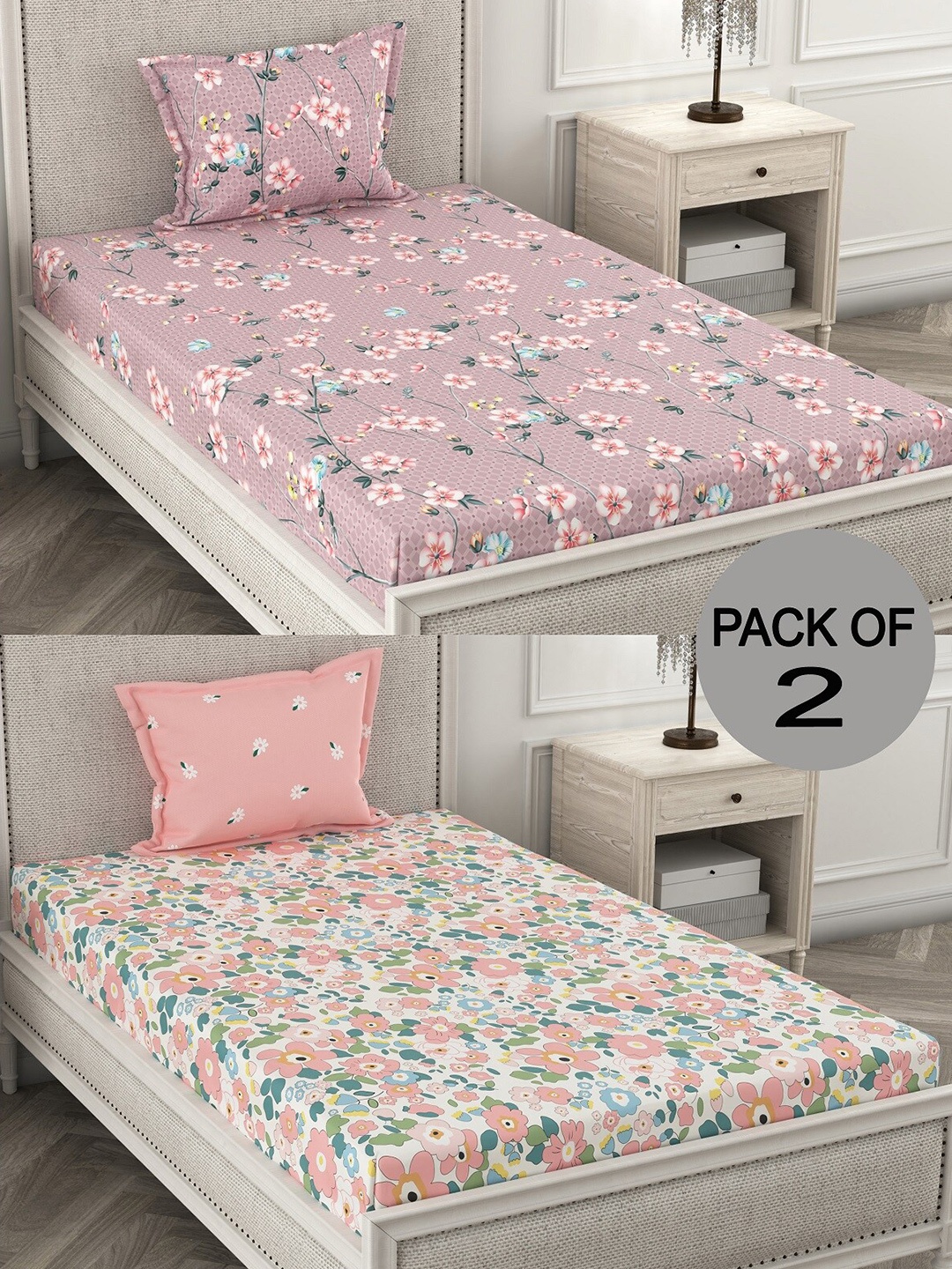 

CHHAVI INDIA Pink & White Floral Printed 210 TC 2 Single Bedsheet with 4 Pillow Covers