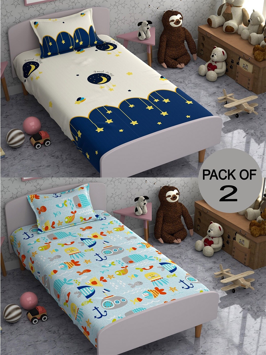

CHHAVI INDIA Blue & Red Printed 210 TC 2 Single Bedsheets with 2 Pillow Covers