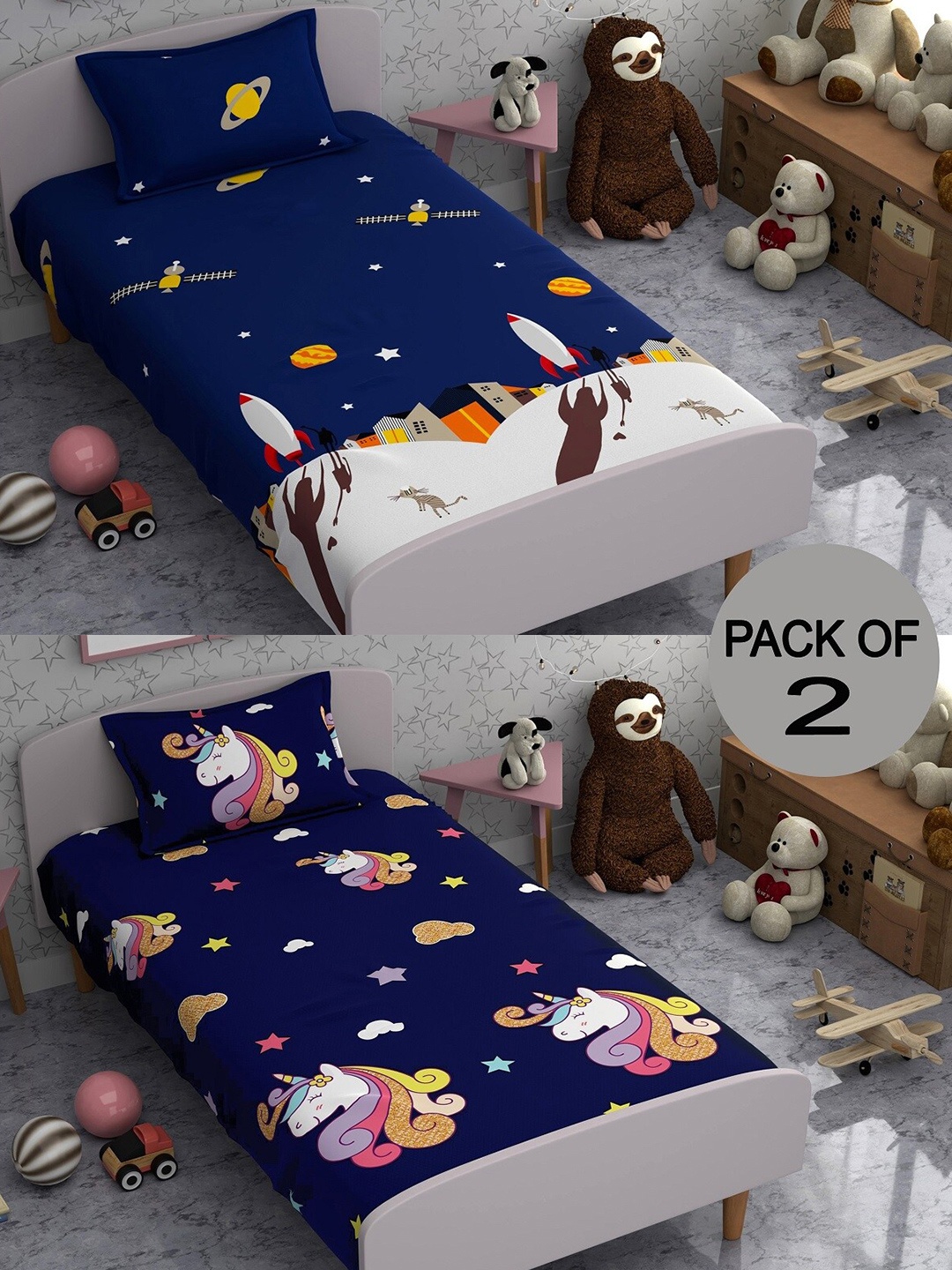 

CHHAVI INDIA Blue & Yellow Graphic Printed 210 TC 2 Single Bedsheet With 4 Pillow Covers