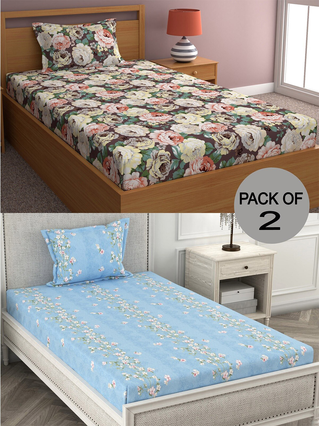 

CHHAVI INDIA Brown & Blue Floral 210 TC 2 Single Bedsheet with 2 Pillow Covers