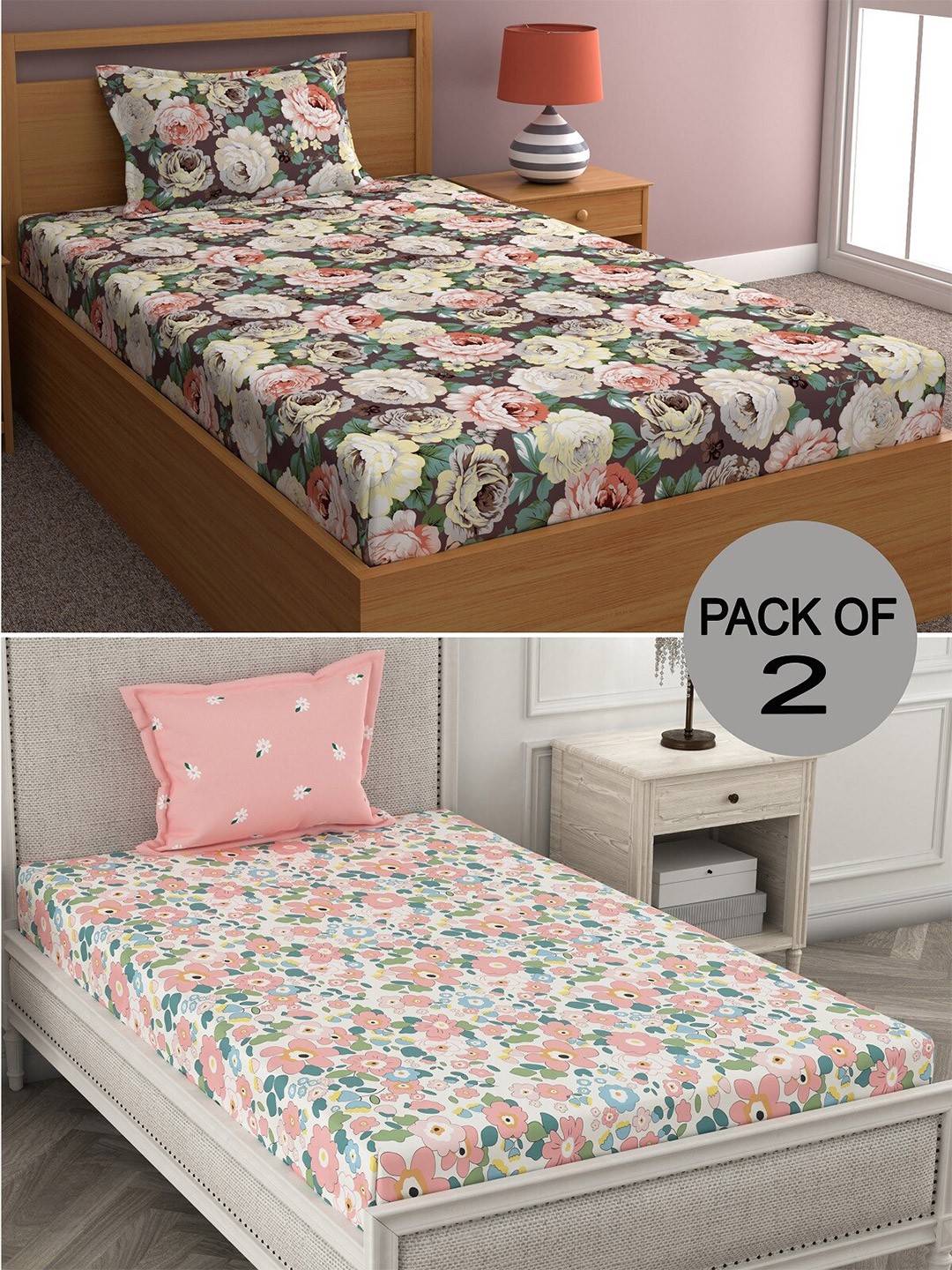 

CHHAVI INDIA Pink & Green Printed 210 TC 2 Single Bedsheets with 2 Pillow Covers