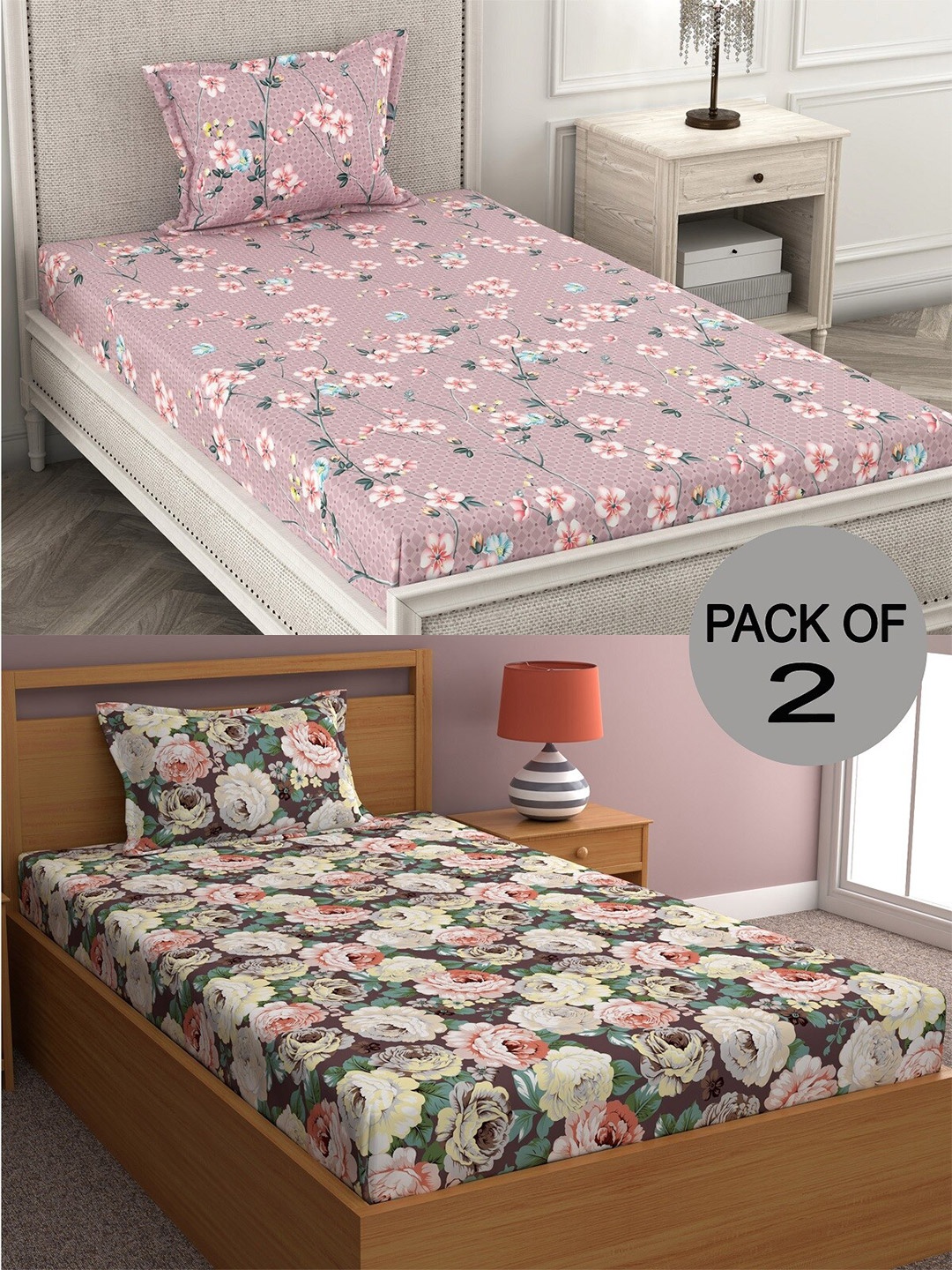 

CHHAVI INDIA Brown & Pink Floral 210 TC 2 Single Bedsheet with 4 Pillow Covers