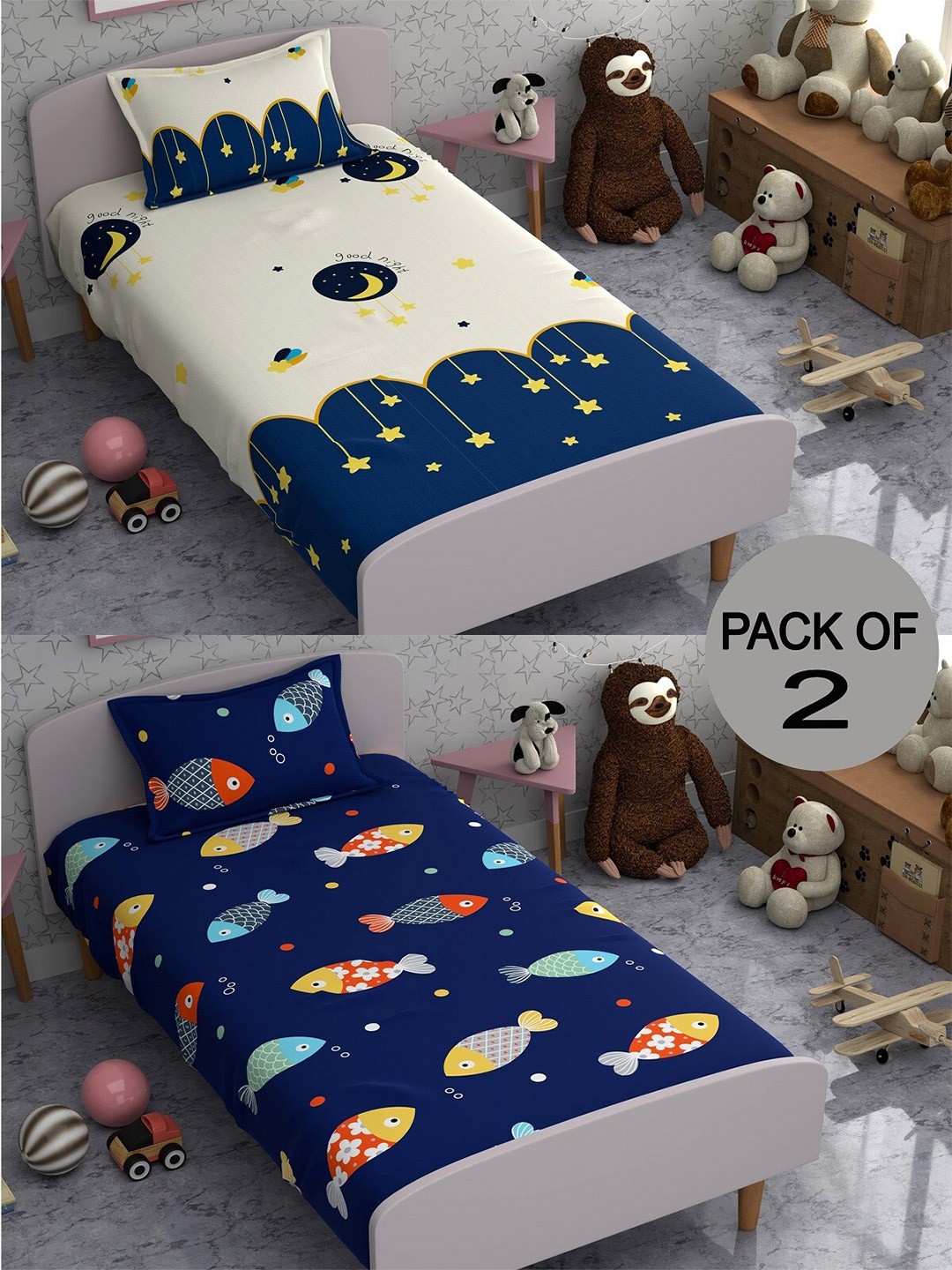 

CHHAVI INDIA Blue & White Graphic Polycotton 210 TC 2 Single Bedsheet With 4 Pillow Covers